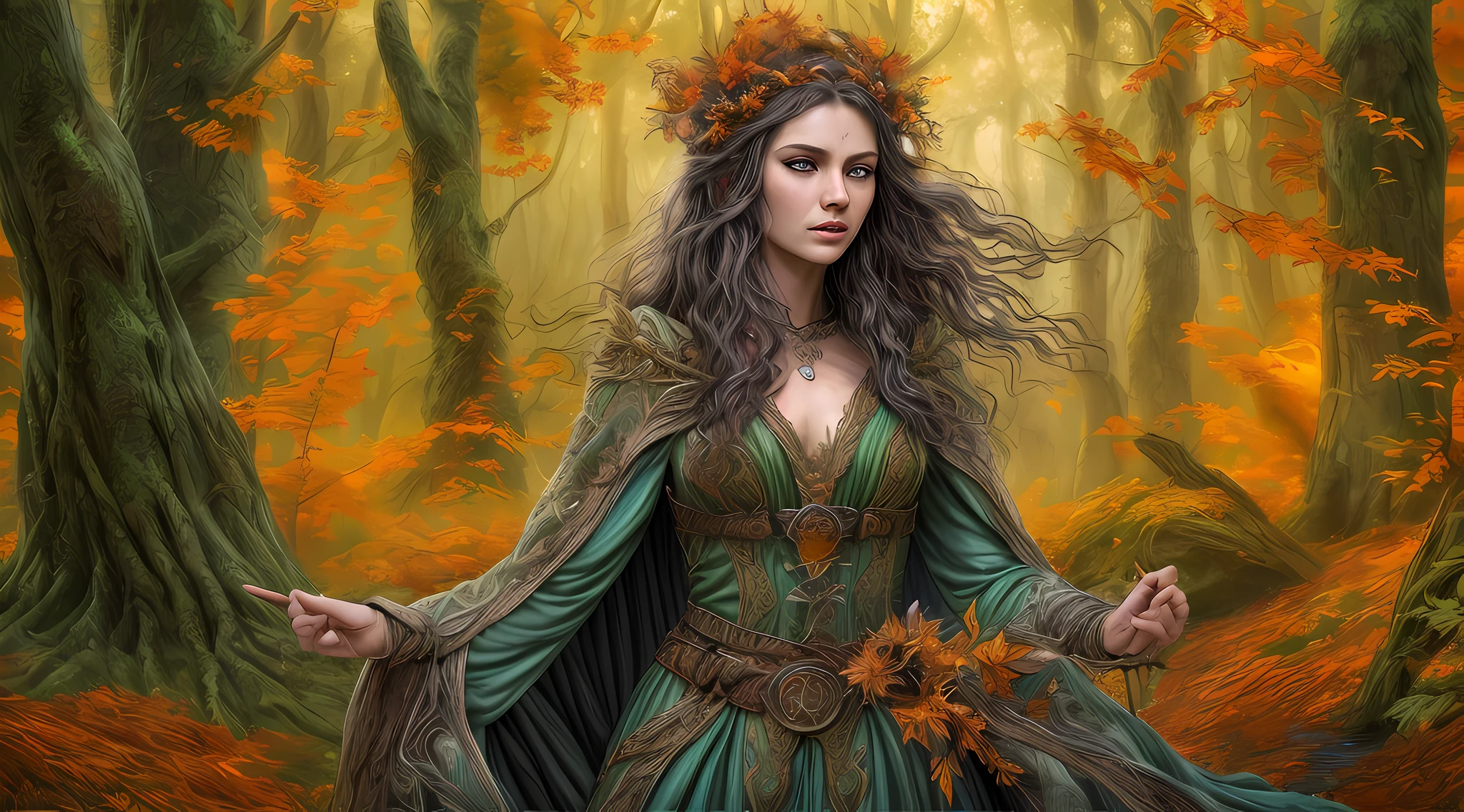 high details, Fantasy Poster, best quality, 8k, [ultra detailed], masterpiece, best quality, Photorealistic , dynamic angle, ultra wide shot, photorealistic, fantasy art, dnd art, rpg art, realistic art, an ultra wide picture of druid grove in a fantasy autumn forest and its druid warden observing all, a fantasy forest (intricate details, Masterpiece, best quality: 1.5), (at autumn: 1.5), in orange, red, yellow brown leaves, many trees, a stream of water (intricate details, Masterpiece, best quality: 1.5), waterfall (intricate details, Masterpiece, best quality: 1.5), human female druid, full body (intricate details, Masterpiece, best detailed: 1.5), exquisite beautiful woman druid (intricate details, Masterpiece, best detailed: 1.5), ultra detailed face (intricate details, Masterpiece, best detailed: 1.6), black hair, long hair, wavy hair (intricate details, Masterpiece, best quality: 1.5),, dynamic eyes color, fair skin, wearing blue cloak (intricate details, Masterpiece, best quality: 1.5), green robe (intricate details, Masterpiece, best quality: 1.5), cinematic light, pastoral atmosphere, divine light, gods rays, hyperrealistic, Photorealistic, 16k, RAW, award winning, [ultra detailed], masterpiece, best quality, (ultra detailed), full body, ultra wide shot, photorealistic,