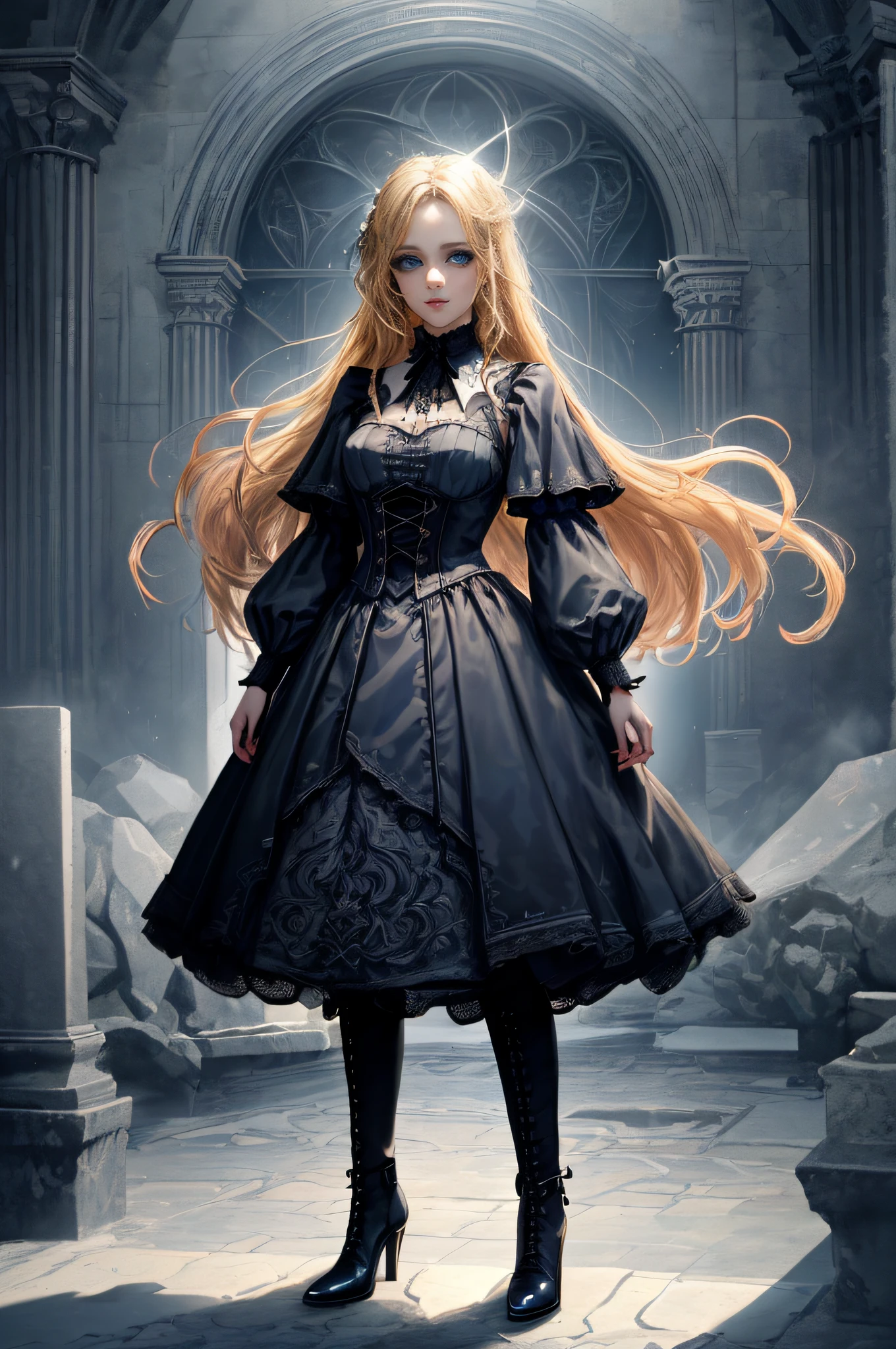 Full Body(extremely detailed CG unity 8k wallpaper,masterpiece, best quality, ultra-detailed),(best illumination, best shadow, an extremely delicate and beautiful),floating,high saturation,blonde hair+blue eyes:1.2,gloomy gothic scenery, long hair, gaze into the distance. (A beautiful girl with long blonde hair and blue eyes sparkling gothic lighting)