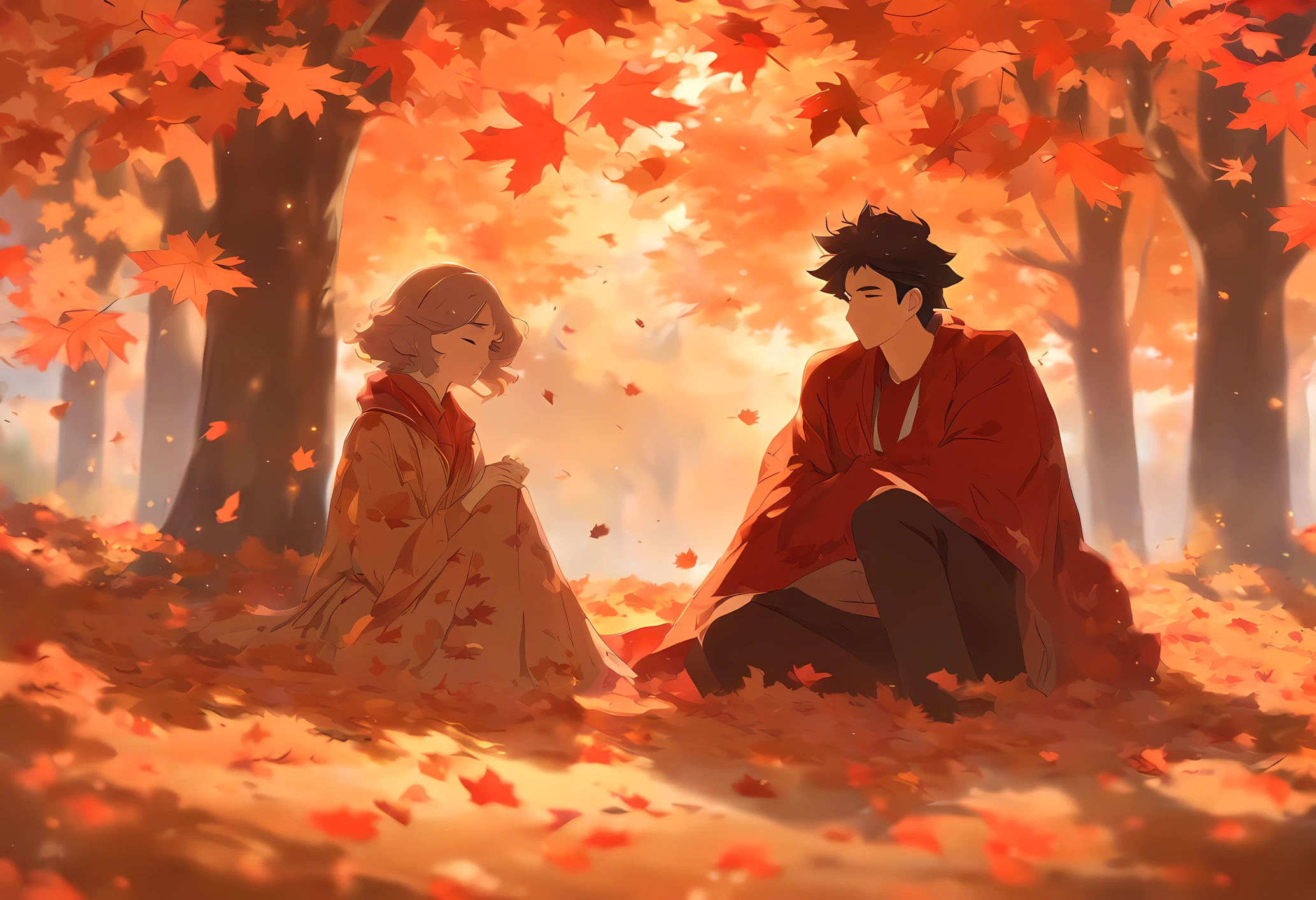 Canada、Colored leaves、Maples、A hill、Maple tree、leaves falling、Man and woman resting under a maple tree、Korean Drama、Tokkebi、