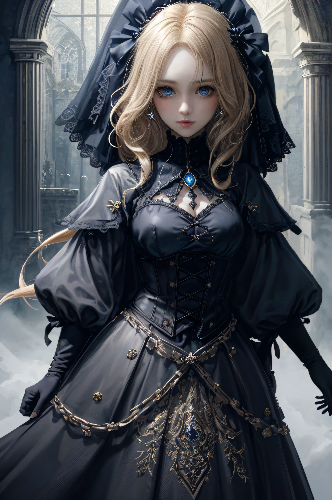 Full Body(extremely detailed CG unity 8k wallpaper,masterpiece, best quality, ultra-detailed),(best illumination, best shadow, an extremely delicate and beautiful),floating,high saturation,blonde hair+blue eyes:1.2,gloomy gothic scenery, long hair, gaze into the distance. (A beautiful girl with long blonde hair and blue eyes sparkling gothic lighting)