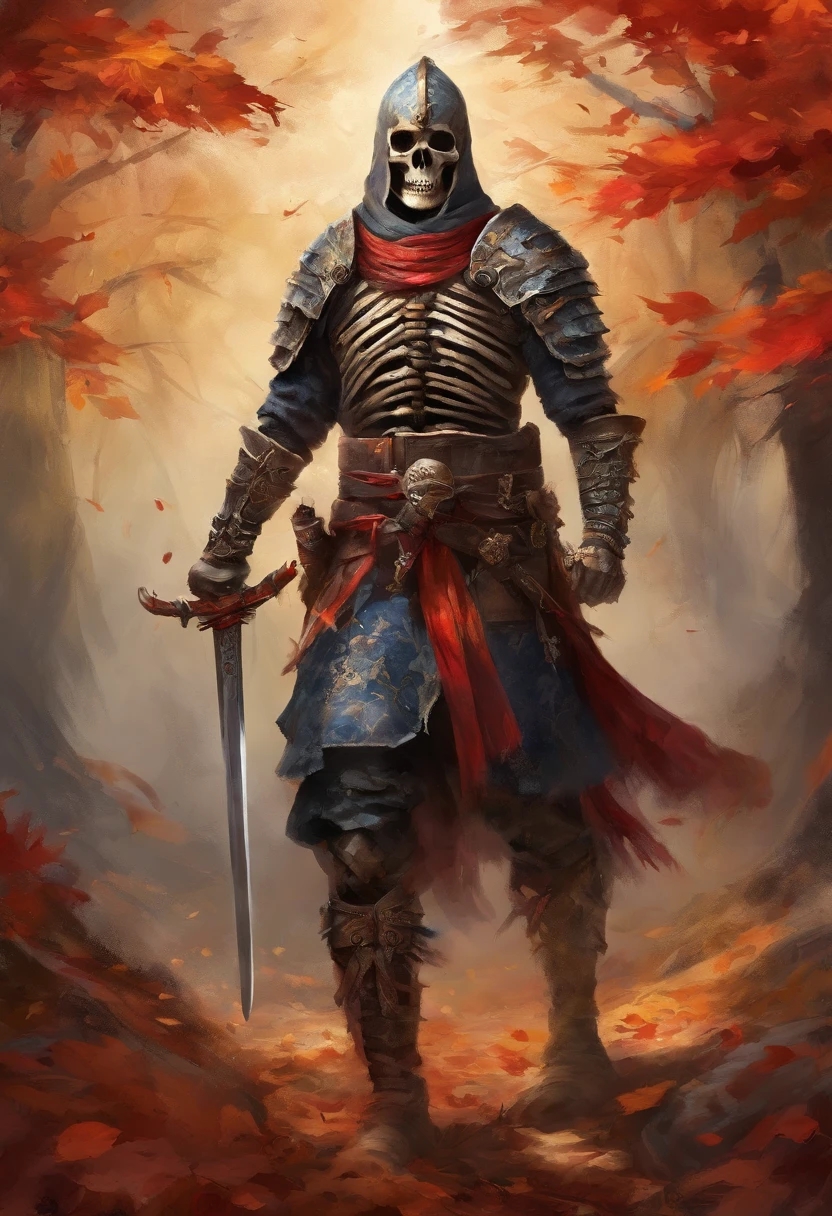 (8k, 16k, award winning, highest quality, high resolution, super detail,), Highly detailed 4K resolution digital artwork, (Skeleton Swordsman: 1.3), Samurai, lighting is dynamic, accentuated and intricate Details, splash art with triadic colors and deep tones, storybook style, warriors have no hair, optimal camera models and lenses, Japanese swords, large trees with autumn leaves, red leaves, returning blood, overwhelming beauty, lots of A sword stuck in the ground, a symbol of strength.