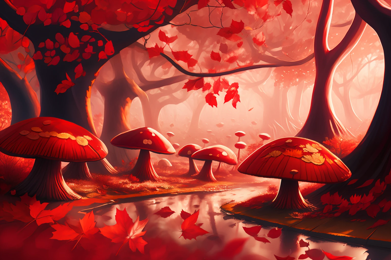 autumn color, army of colorful mushrooms, invade a city, hallucination, dreamlikeart, scattering red leaves, scenery