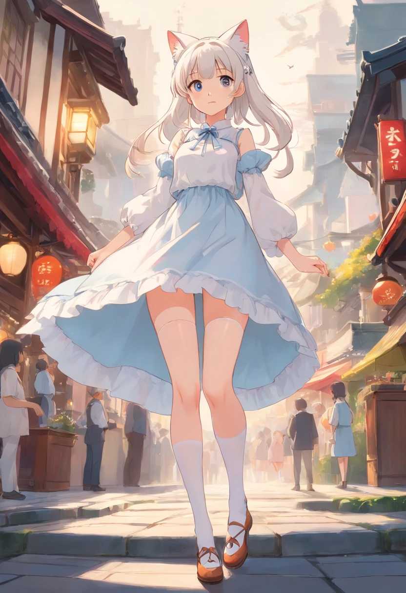 A giantess,Huge maiden,Slender calves,Slender calves,white stockings,Masterpiece,Extremely tall maiden,A giantess,Huge maiden,In the city,Full limbs,The face is delicate,White double ponytail,White eyes,White Lolita,Long-range shots,There are cat ears on the head, white dresses, cute big breasts,Chopstick legs,High volume