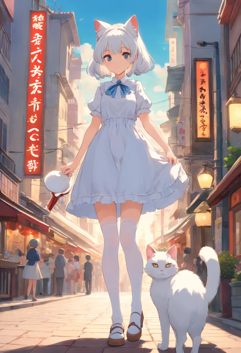 A giantess，Huge maiden，Slender calves，Slender calves，white stockings，Masterpiece，Extremely tall maiden，A giantess，Huge maiden，In the city，Full limbs，The face is delicate，White double ponytail，White eyes，White Lolita，Long-range shots，There are cat ears on the head, white dresses， cute big breasts，Chopstick legs，High volume