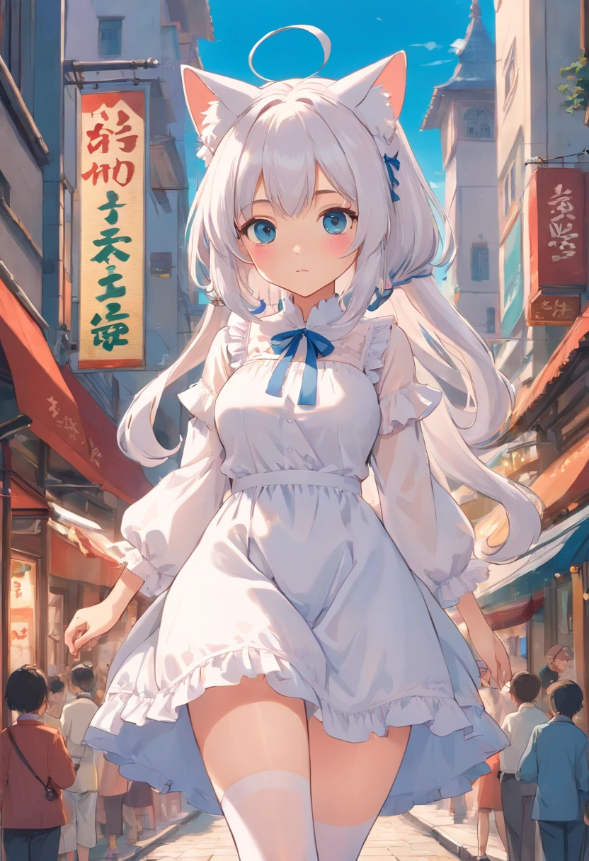 A giantess,Huge maiden,Slender calves,Slender calves,white stockings,Masterpiece,Extremely tall maiden,A giantess,Huge maiden,In the city,Full limbs,The face is delicate,White double ponytail,White eyes,White ta,Long-range shots,There are cat ears on the head, white dresses, cute big breasts,Chopstick legs,High volume