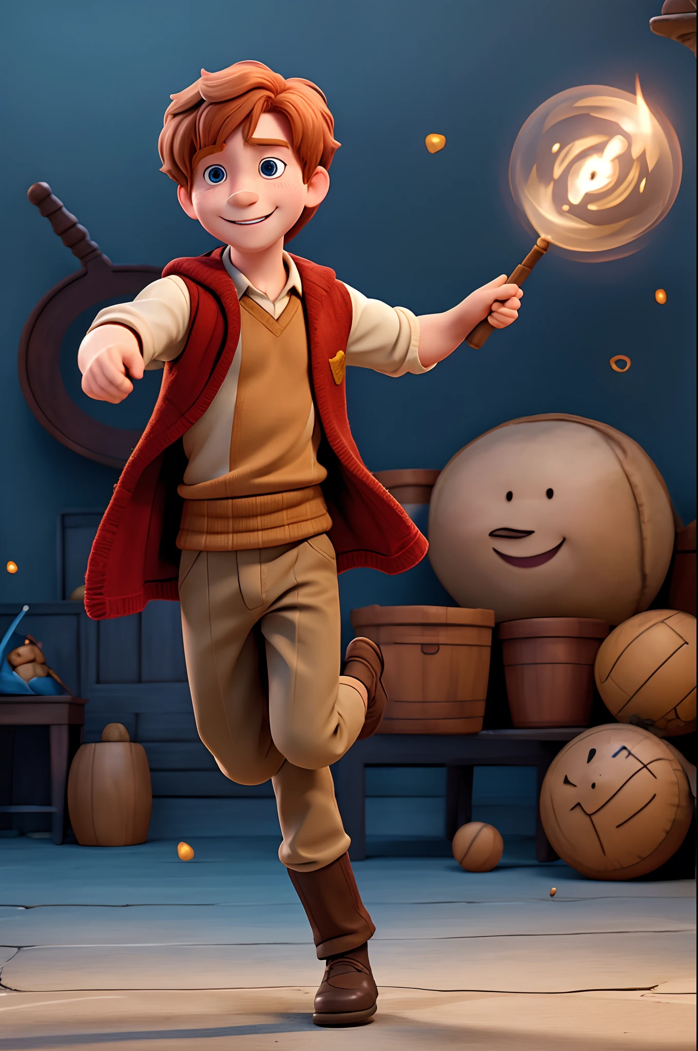 Ron Weasley character, smiling, acting, action, ((happy face)), flying, magic wand, full body, partical light, nice pose body, 1 person