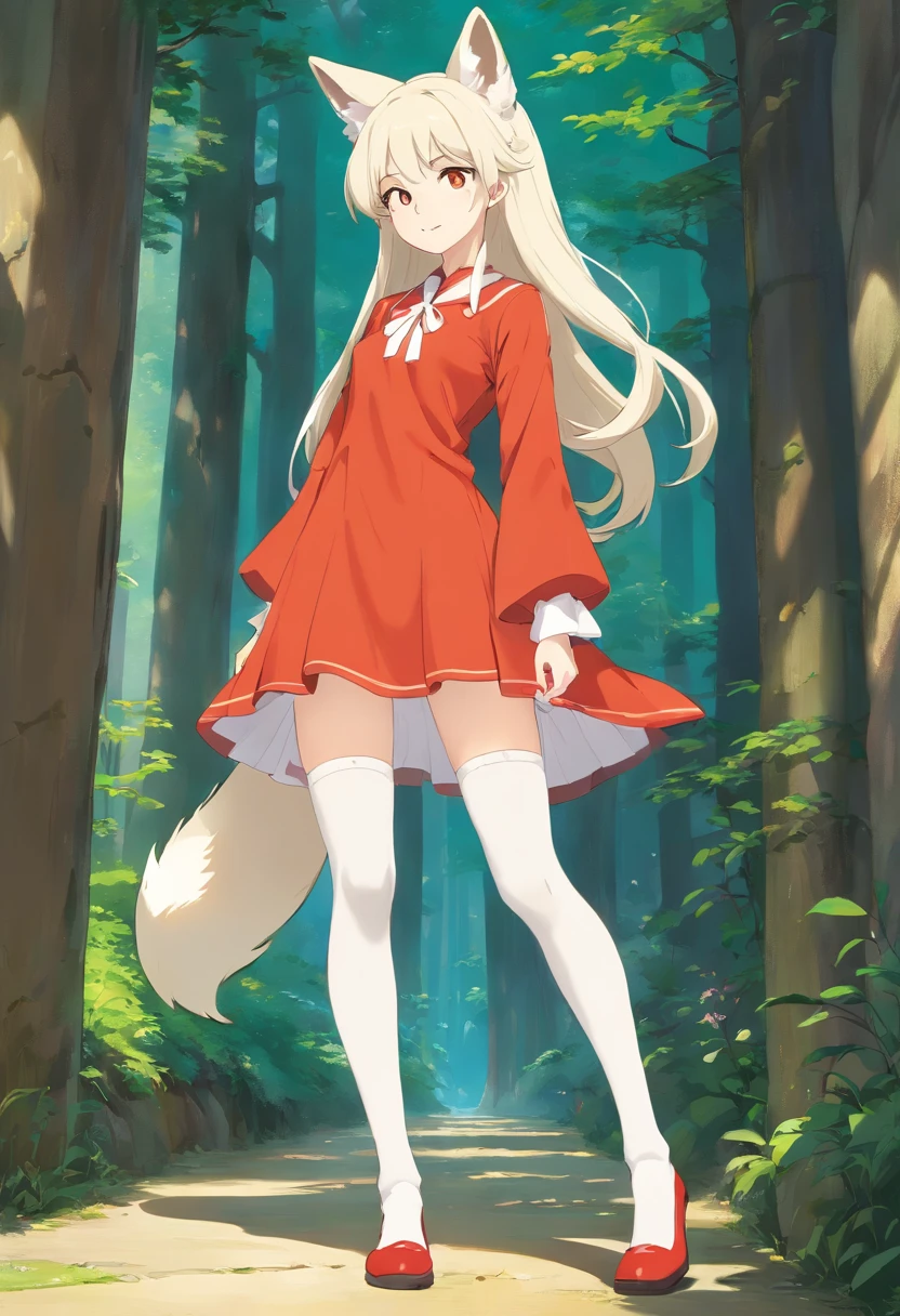 fox ear,Slender calves,white stockings,Masterpiece,Extremely tall girl,Huge maiden,Full limbs,Long-range shots,long white hair,a white long skirt