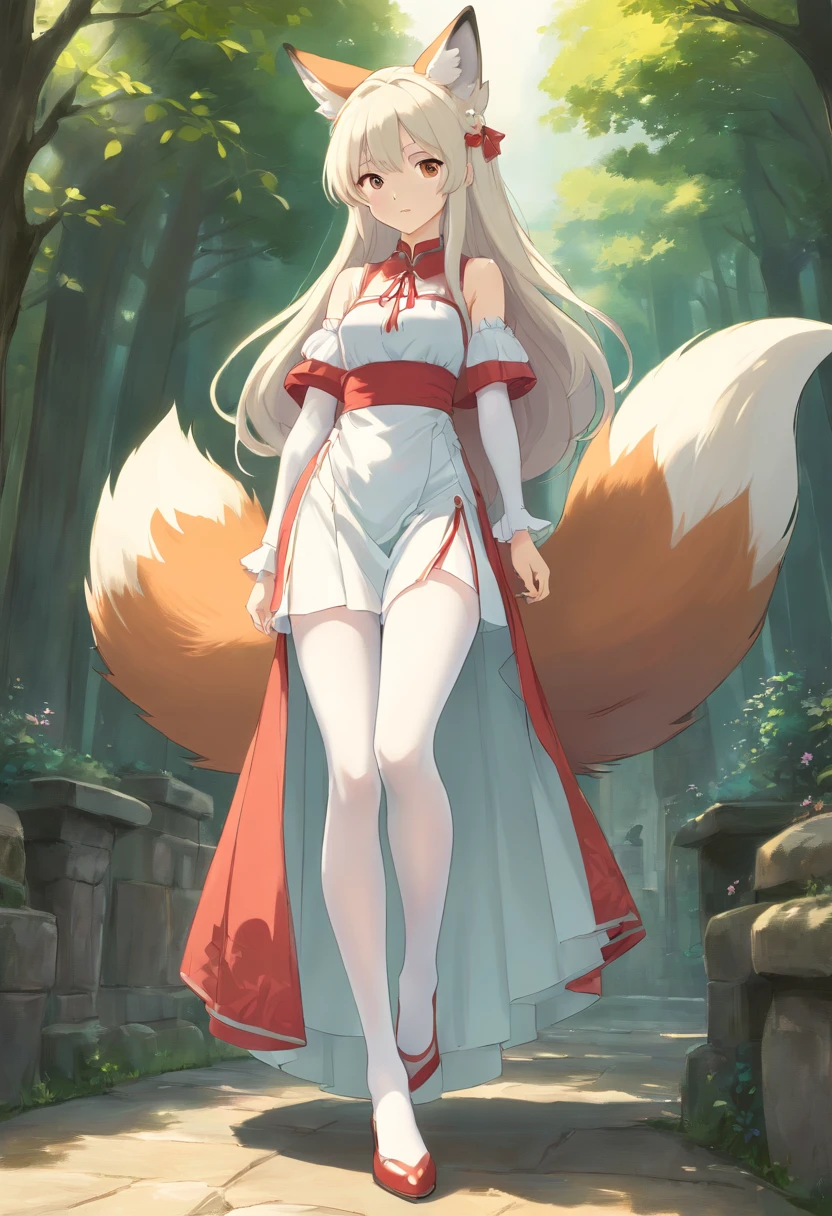 fox ear,Slender calves,white stockings,Masterpiece,Extremely tall girl,Huge maiden,Full limbs,Long-range shots,long white hair,a white long skirt