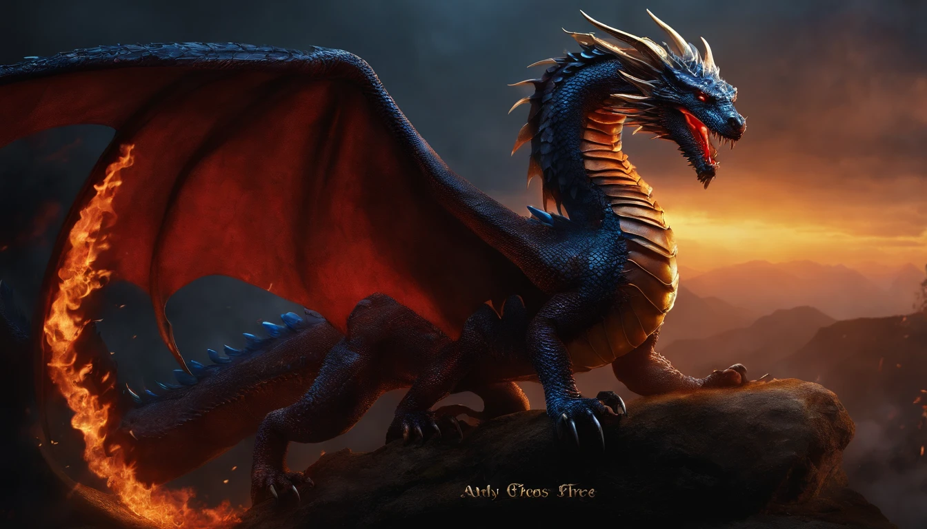 a leo with Wings (Dragon Sky Dorado) CU (piercing red eyes),Close-up let go (Blood and fire) Through the nose,Chest scales,high high quality,8K,Many details,Fire lettuce,Alas,4 legs,Spotted claws,golds,dangers,fires,dentes pontiagudos,big dragon,immensity,threatening,imponent,Blue scales