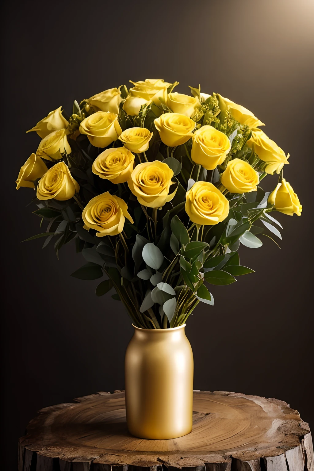 A bouquet of yellow laughs on top of a.mesa de madeira rustica. Fotografia de estudio, fotorrealismo, iluminacao apropriada de eatudio, fundo preto