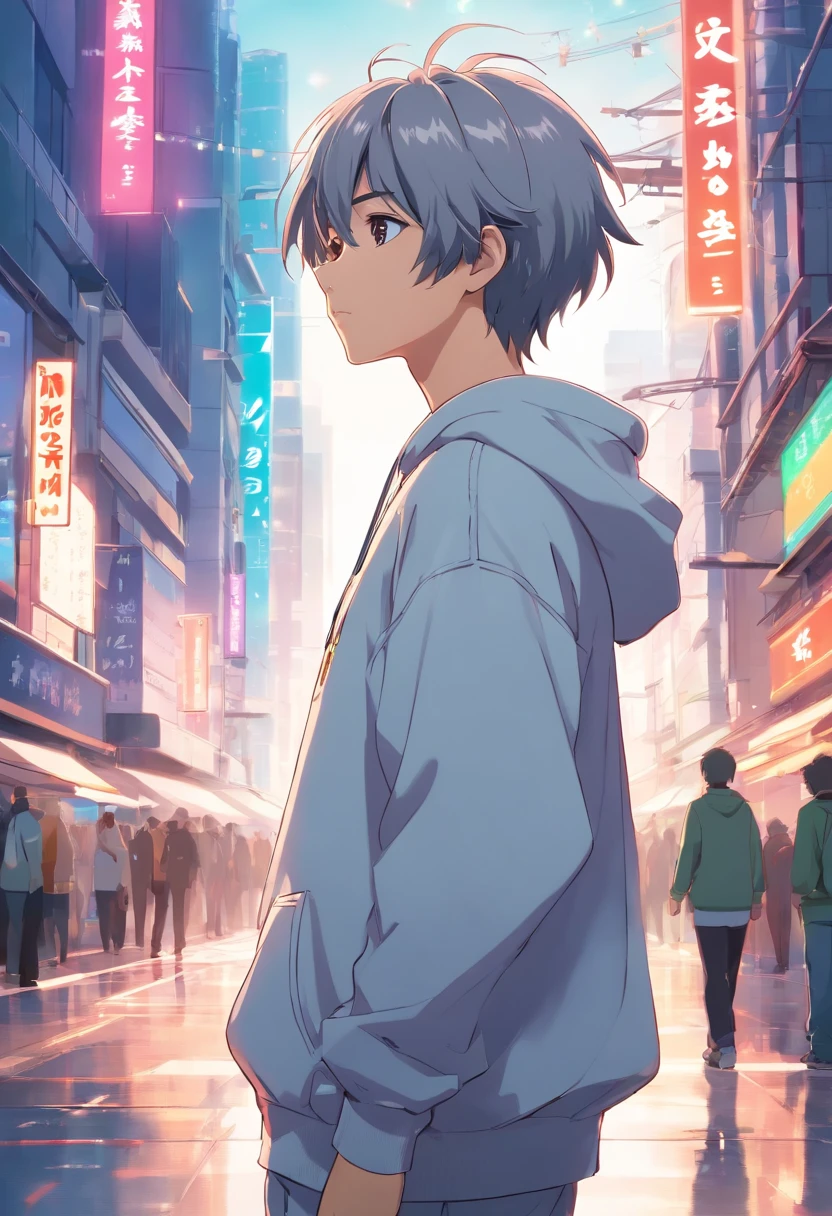 , Anime style, Concept art, Futuristic background, Vector style, Cinematic poster Boy with gray hair White hoodie cool
