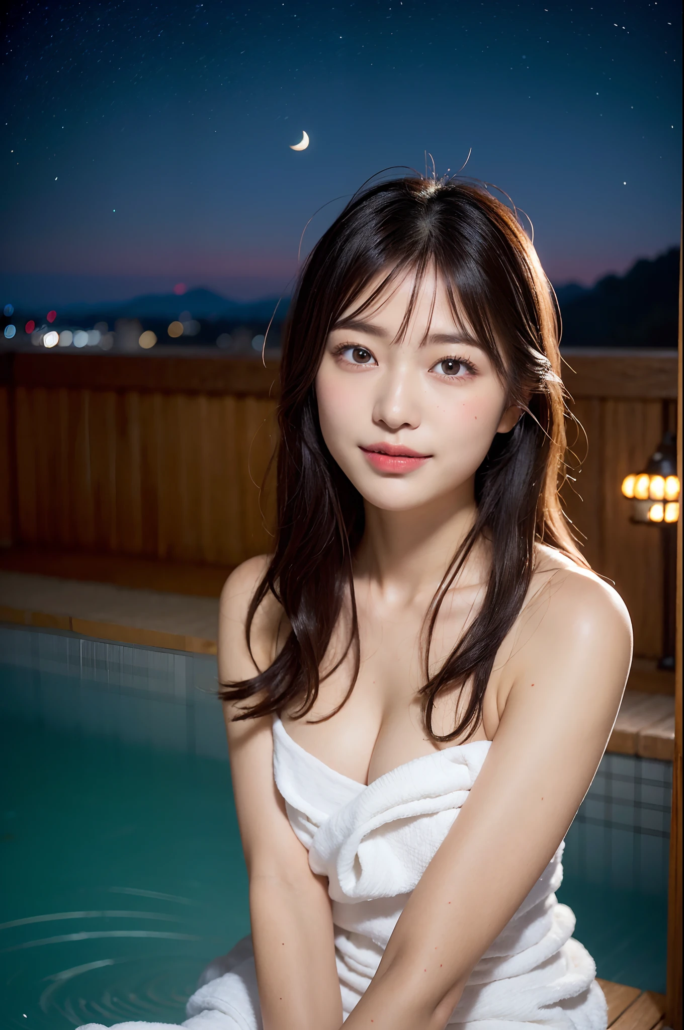 (natta:1.7), East Asian Architecture, 1womanl,Sitting on tatami mats, brunette color hair，（hair between eye）, Lip flap,  (:1.3),Beautiful shiny straight bob,Beautiful fingers,Beautiful long legs,Beauty Body，Cute nose，Beautiful character design，perfect  eyes，face perfect，looking at viewert，（Innocent_Big_Eyes：1.0），（light_Smile：0.3），offcial art，Very detailed CG Unity 8K wallpaper、Bright_front_Face_Lighting，（tmasterpiece:1.0),(best_quality:1.0), 超A high resolution,4K,ultra - detailed, photography of, 8K, nffsw, hight resolution, absurderes:1.2, Kodak Portra 400, film grains,  Lens Flare Glow,  (Beautiful_Face:1.5),8K,Raw photo, 、Relax at a hot spring ryokan in Japan、(The subject is my first hot spring trip with a girl:1.3) (Draw an open-air bath more widely:1.2) (Girls are not subjects:1.3) The rooms in the inn are cluttered　(Girl Standing On Balcony:1.3) (Hair after a bath:1.3),((Naked with a bath towel wrapped around the side:1.3)) ,(Hair is wet:1.3),((Beautifully depicts depth and width:1.3)),((The open-air bath is surrounded by Japan garden and large rocks, With just two small lights.:1.3)),((You can see a beautiful starry sky and a beautiful moon:1.3))(wrapped around bath towel in open-air bath:1.2)(Girls are not subjects:1.3)