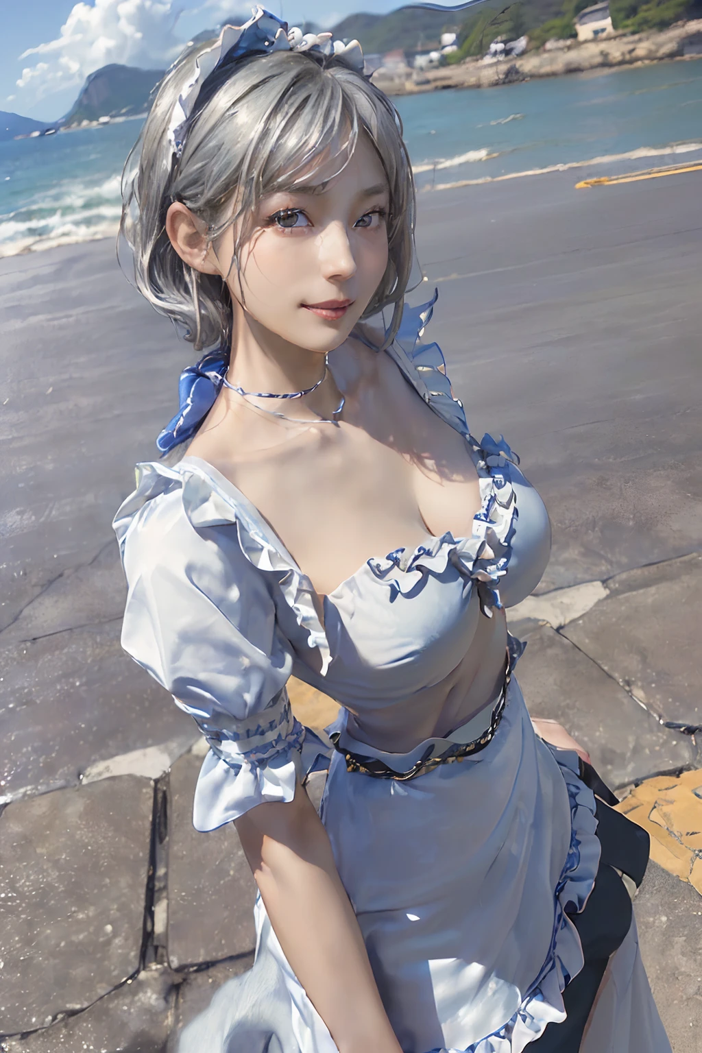 noelle from anime black clover, white hair, bangs, braided hair, beautiful, beautiful girl, perfect body, medium bust, slightly smiles, looking at the viewer, standing, full body.