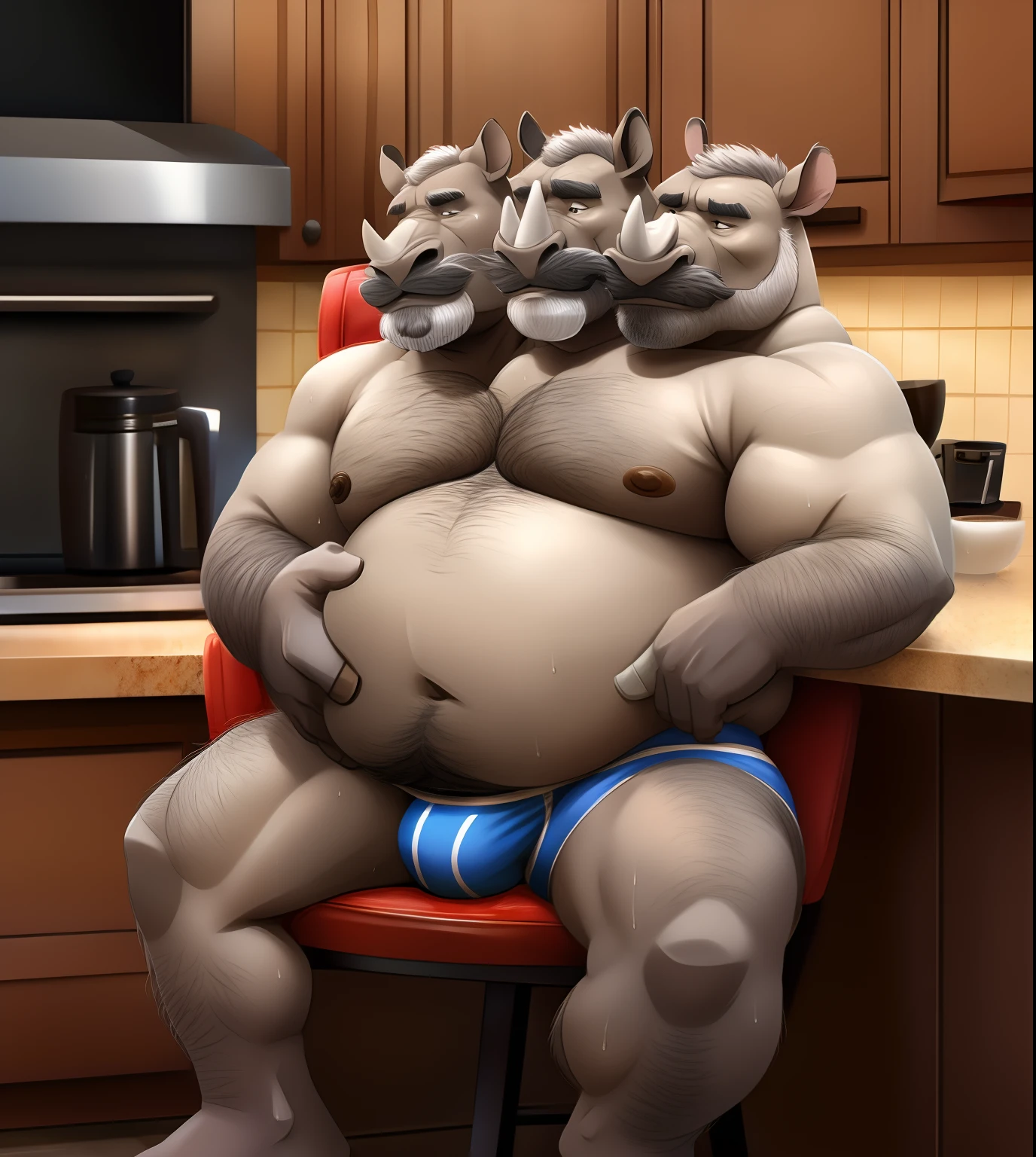 photo of 2heads, rhinocerous, fat, heavy, older male, old, white skin, three headed, hairy chest, kitchen background, sitting on chair, coffee, short grey hair, bald, thick grey mustache, thick grey beard, sweaty, old, frowning, briefs