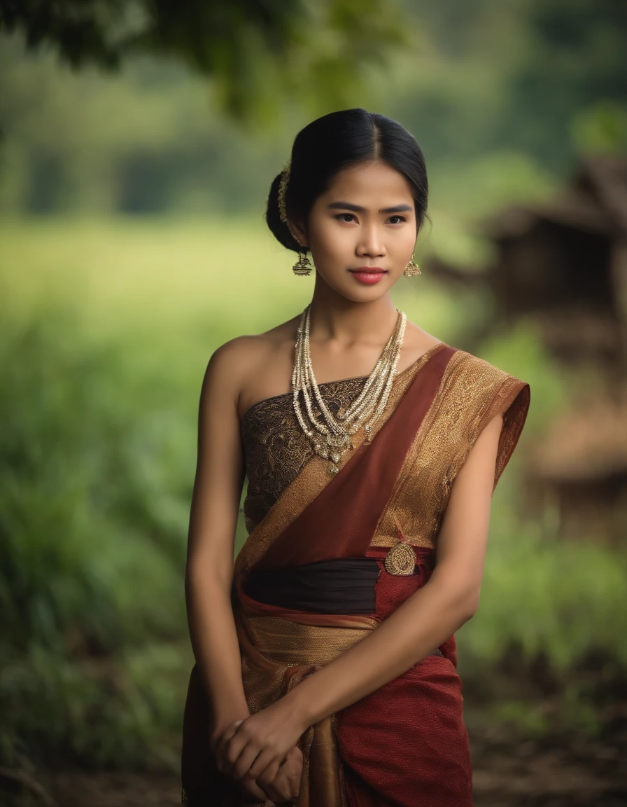 20-year-old woman, farmer, The face is as beautiful as a goddess., thailand, Traditional Thai folk costumes, Smooth white skin