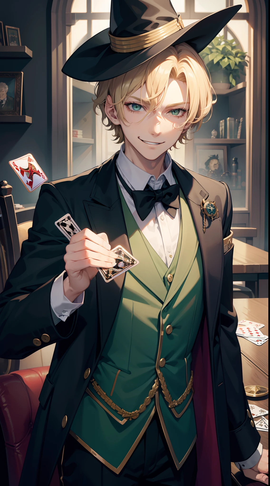 young boy, short curly blonde hair, Green eyes, smirk, evil, wizard hat, Magician's jacket, Magician Form, cane, playing cards, a joker, Masterpiece, hiquality, 4k, HD, Good detail