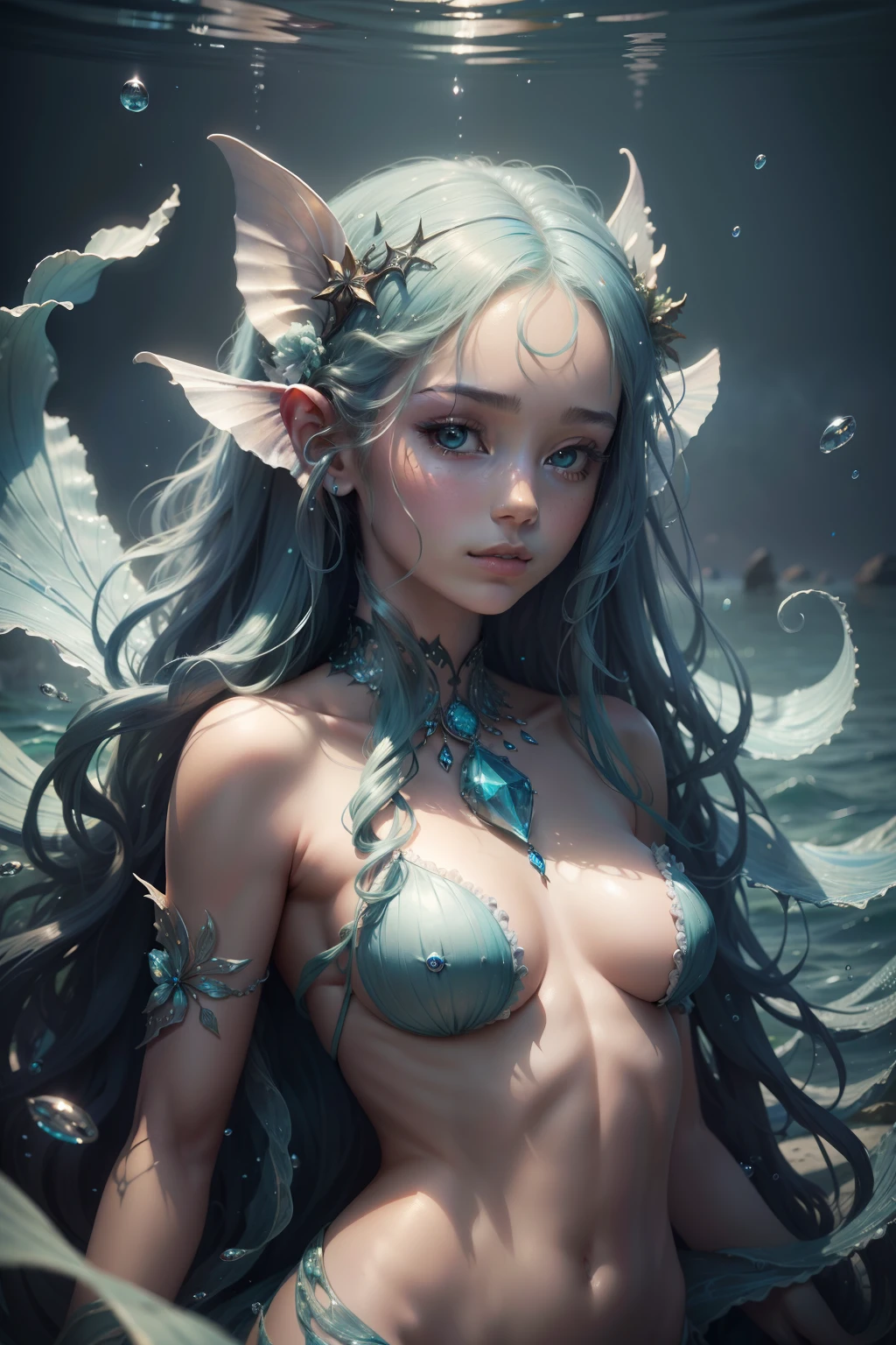 Dive into the depths of imagination with a stunning portrait of a sea nymph, adorned with shimmering scales and cascading locks of seaweed hair, extremely high detailed, high quality, HD resolution,stunning image,