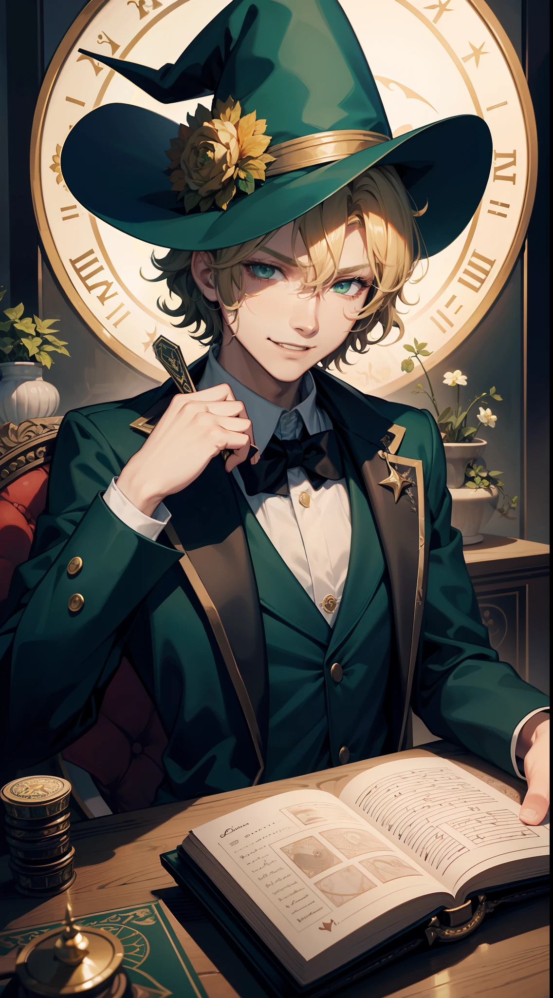 young boy, short curly blonde hair, Green eyes, smirk, evil, wizard hat, Magician's jacket, Magician Form, cane, playing cards, a joker, Masterpiece, hiquality, 4k, HD, Good detail