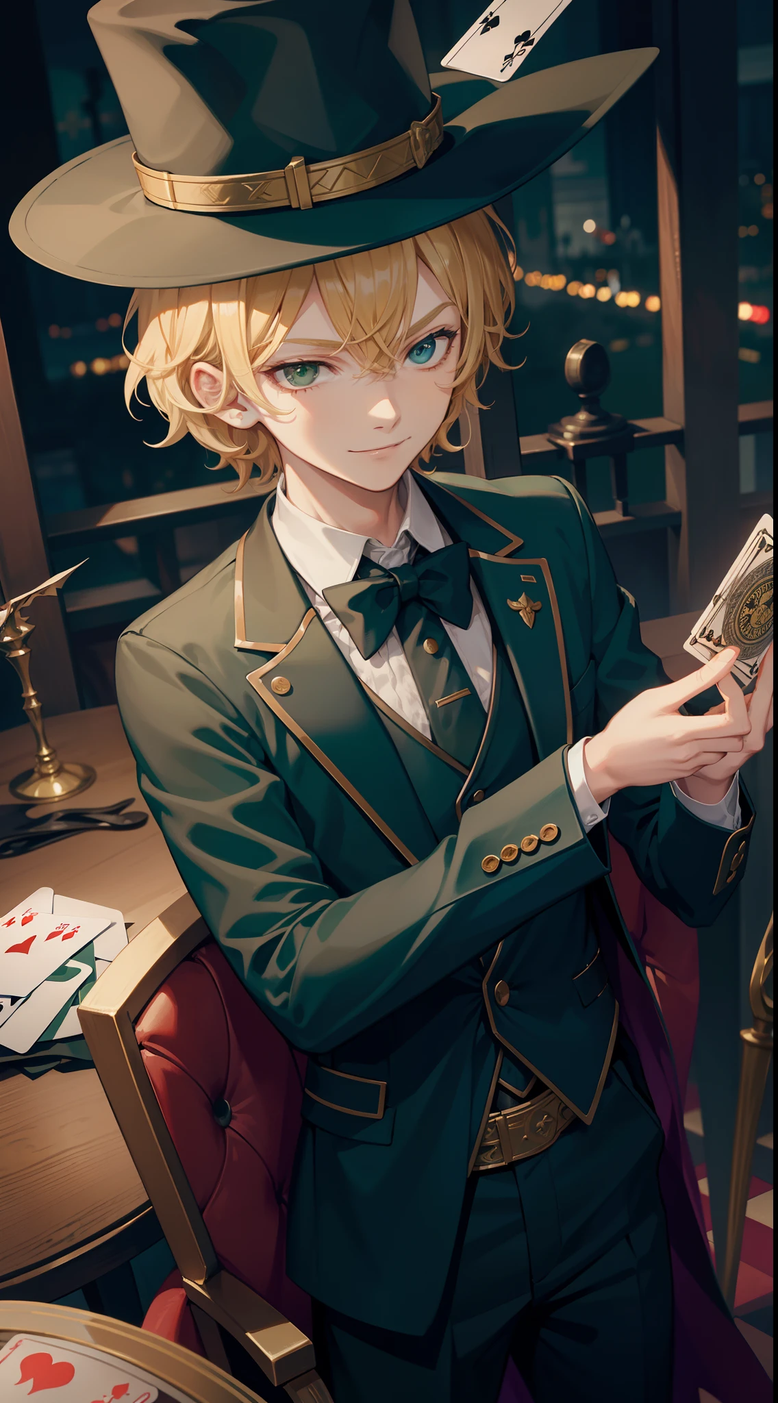 young boy, short curly blonde hair, Green eyes, smirk, evil, wizard hat, Magician's jacket, Magician Form, cane, playing cards, a joker, Masterpiece, hiquality, 4k, HD, Good detail