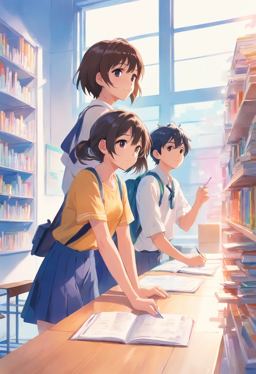 top-quality、tmasterpiece、Soft focus , Bright gradient watercolor , Dreamy , White background、one Girl and one boy、school, classroom