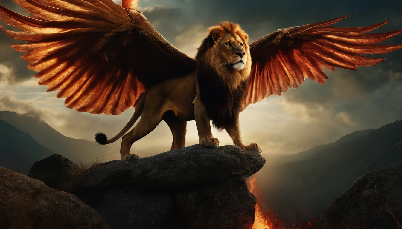 a lion with Wings (Lion Sky Dorado) CU (piercing red eyes),Close-up let go (Blood and fire) Through the nose,Chest scales,high high quality,8K,Many details,Fire lettuce,Alas,4 legs,Spotted claws,golds,dangers,fires,dentes pontiagudos,big dragon,immensity,threatening,imponent,Blue scales