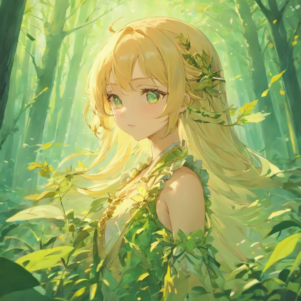 (masterpiece, best quality), 1girl, intricate details, blonde, leaf, wavy hair, looking at viewer, elf, upper body, forest, frills, mist, deer antlers,