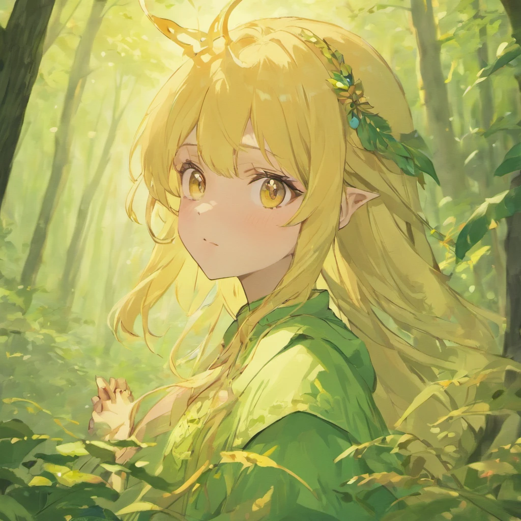 (masterpiece, best quality), 1girl, intricate details, blonde, leaf, wavy hair, looking at viewer, elf, upper body, forest, frills, mist, deer antlers,