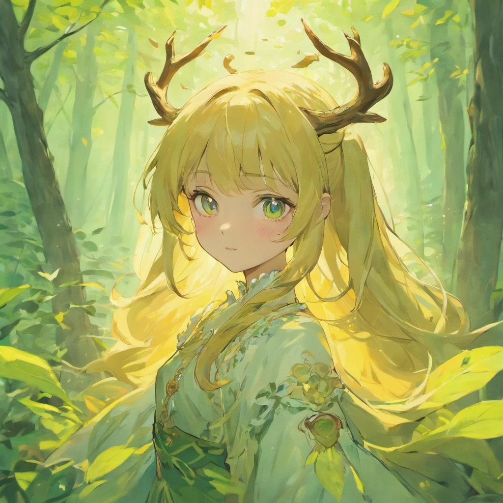 (masterpiece, best quality), 1girl, intricate details, blonde, leaf, wavy hair, looking at viewer, elf, upper body, forest, frills, mist, deer antlers,