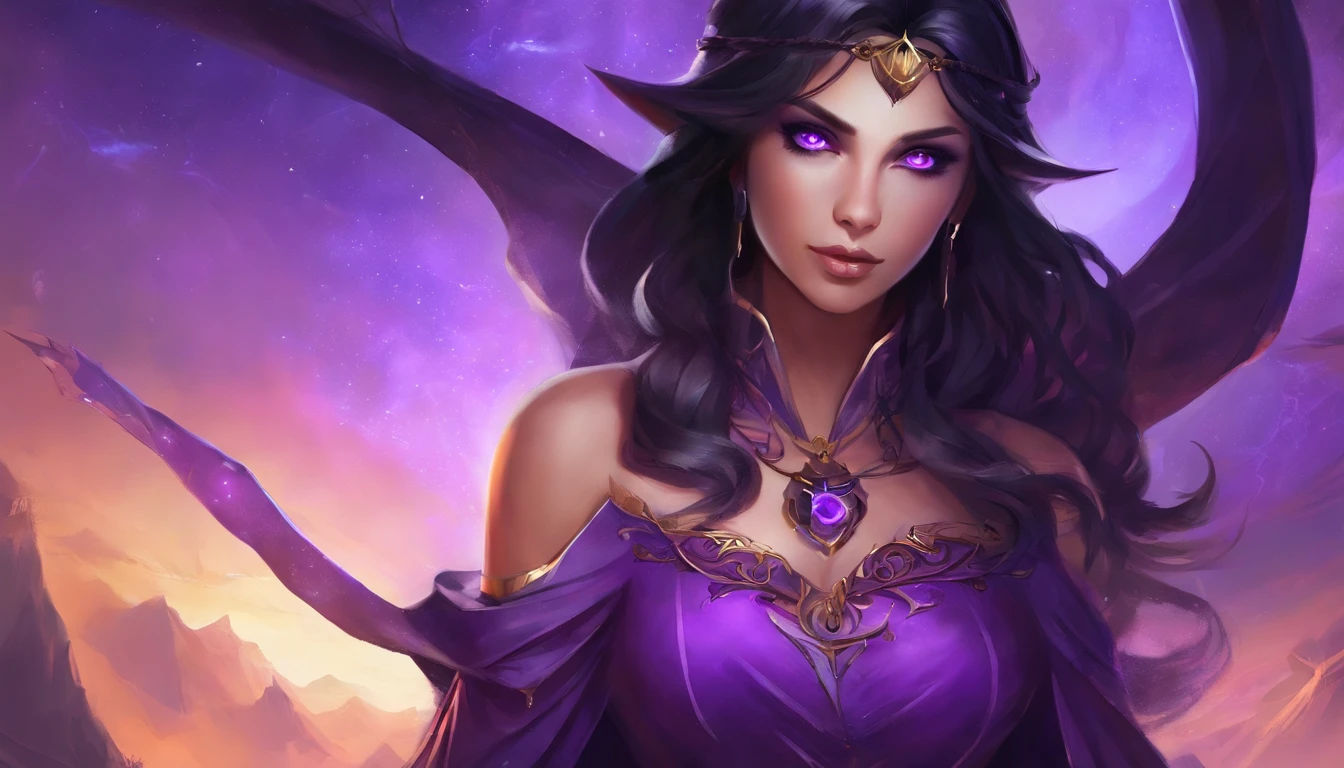 (((vivid purple eyes))), Half-elf female mage, Casaco Preto, (mangas roxas), (tight gray pants), (purple silk scarf), tied back silky shoulder length detailed black hair, (dark gothic makeup), pele castanha muito clara, (seios enormes), pequenas orelhas pontudas, quadris largos, figura da ampulheta, big booty, (Persa)