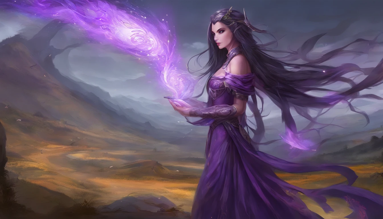(((vivid purple eyes))), Half-elf female mage, Casaco Preto, (mangas roxas), (tight gray pants), (purple silk scarf), tied back silky shoulder length detailed black hair, (dark gothic makeup), pele castanha muito clara, (seios enormes), pequenas orelhas pontudas, quadris largos, figura da ampulheta, big booty, (Persa)