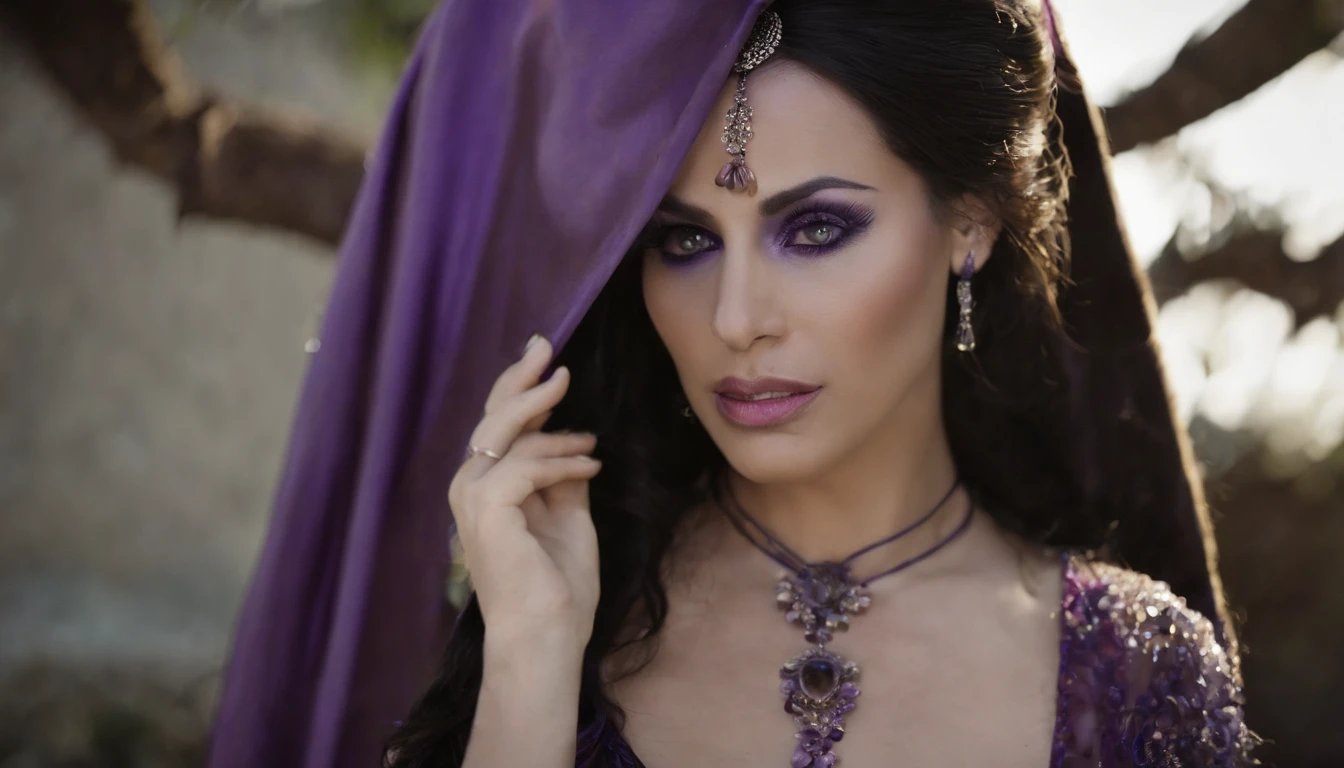 (((vivid purple eyes))), Half-elf female mage, Casaco Preto, (mangas roxas), (tight gray pants), (purple silk scarf), tied back silky shoulder length detailed black hair, (dark gothic makeup), pele castanha muito clara, (seios enormes), pequenas orelhas pontudas, quadris largos, figura da ampulheta, big booty, (Persa)