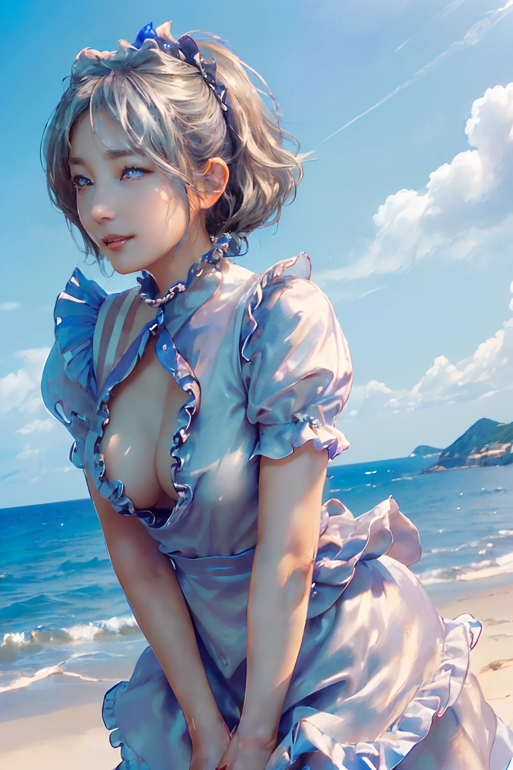 ((top-quality、8K、masterpiece:1.3)),Clear, Fine-grained skin、Beautiful clear eyes、cleavage of the breast、(Backshots:1.5)、Carefree and natural smile、(Medium bob,Silver Hair:1.5)、(Hair disheveled in the wind:1.3)、(Cute maid with frills:1.5)、Beautiful girl with a smile、Citizen Pool、(thin-waist:1.3)、(Dynamic and provocative poses:1.2)、