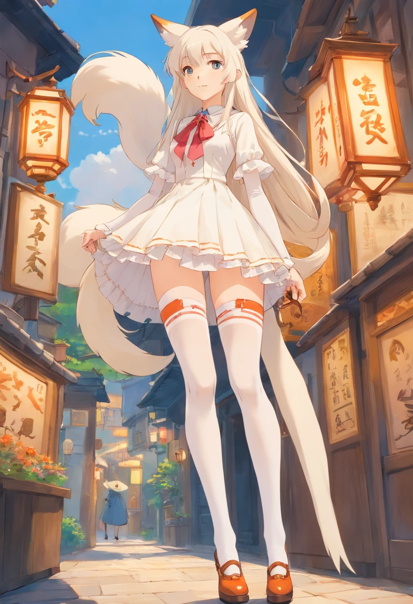 fox ear，Slender calves，white stockings，Masterpiece，Extremely tall girl，Huge maiden，Full limbs，Long-range shots,long  white hair，White Lolita