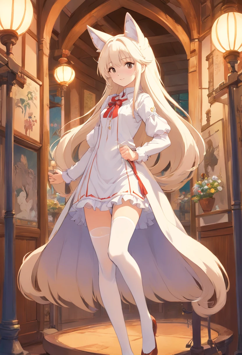 fox ear，Slender calves，white stockings，Masterpiece，Extremely tall girl，Huge maiden，Full limbs，Long-range shots,long  white hair，a white long skirt