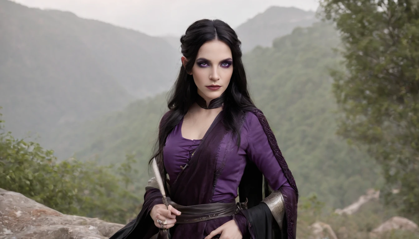 (((vivid purple eyes))), Half-elf female mage, Casaco Preto, (mangas roxas), (tight gray pants), (purple silk scarf), tied back silky shoulder length detailed black hair, (dark gothic makeup), pele castanha muito clara, (seios enormes), pequenas orelhas pontudas, quadris largos, figura da ampulheta, big booty, (Persa)