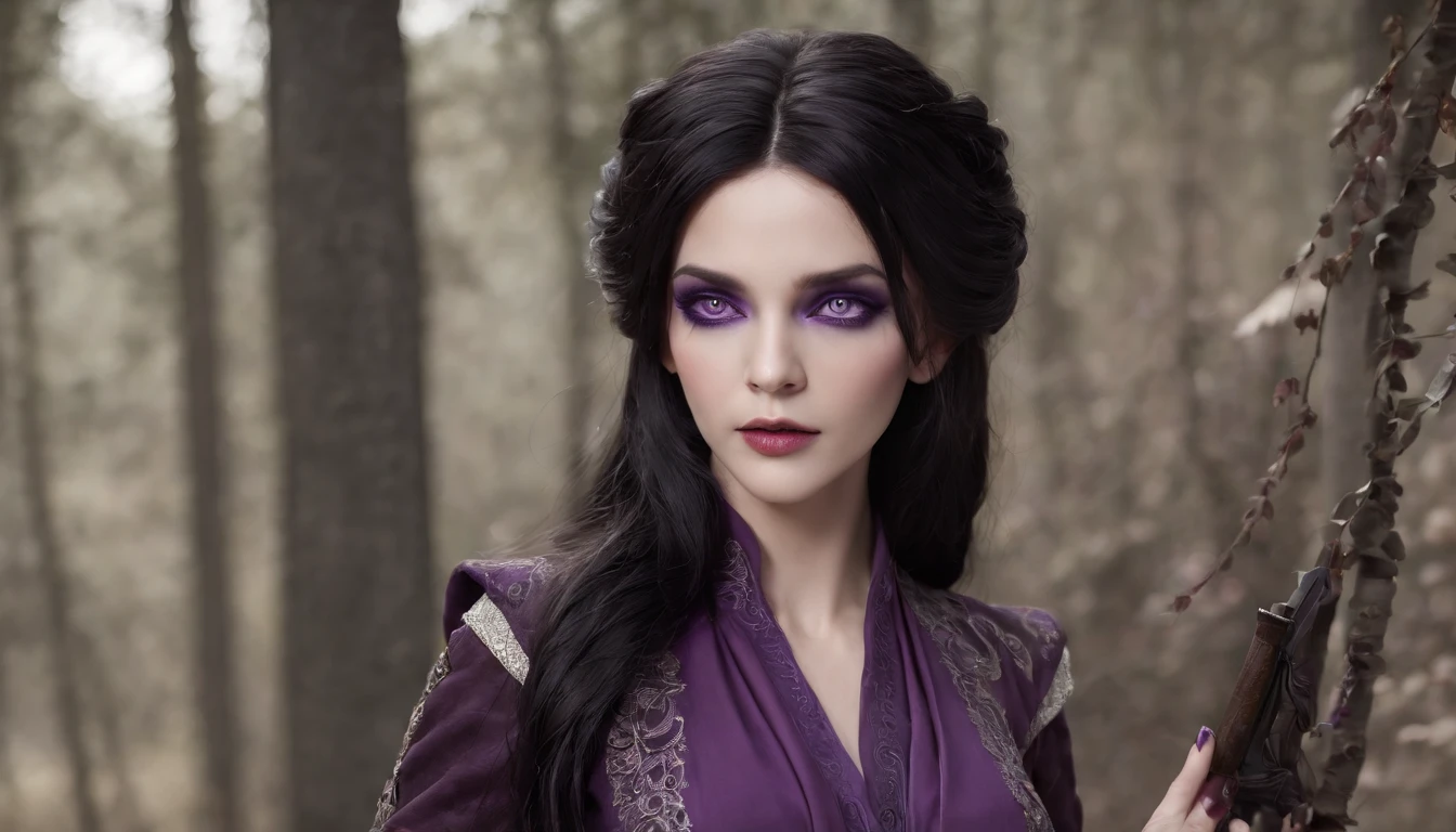 (((vivid purple eyes))), Half-elf female mage, Casaco Preto, (mangas roxas), (tight gray pants), (purple silk scarf), tied back silky shoulder length detailed black hair, (dark gothic makeup), pele castanha muito clara, (seios enormes), pequenas orelhas pontudas, quadris largos, figura da ampulheta, big booty, (Persa)