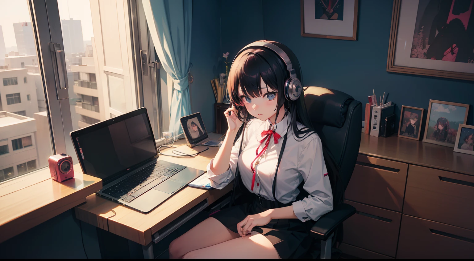 Anime girl with headphones sitting on laptop table, Business suits:1.3、silber hair、Semi-long hair、lofi-girl, lofi artstyle, lofi art, lofi vibes, lofi feel, adult lady、25-years old、lofi hip hop, lofi, chillhop, lofi girl aesthetic, lofi portrait, Lofivibe, lofi color, anime vibes, The aesthetics of the lofi