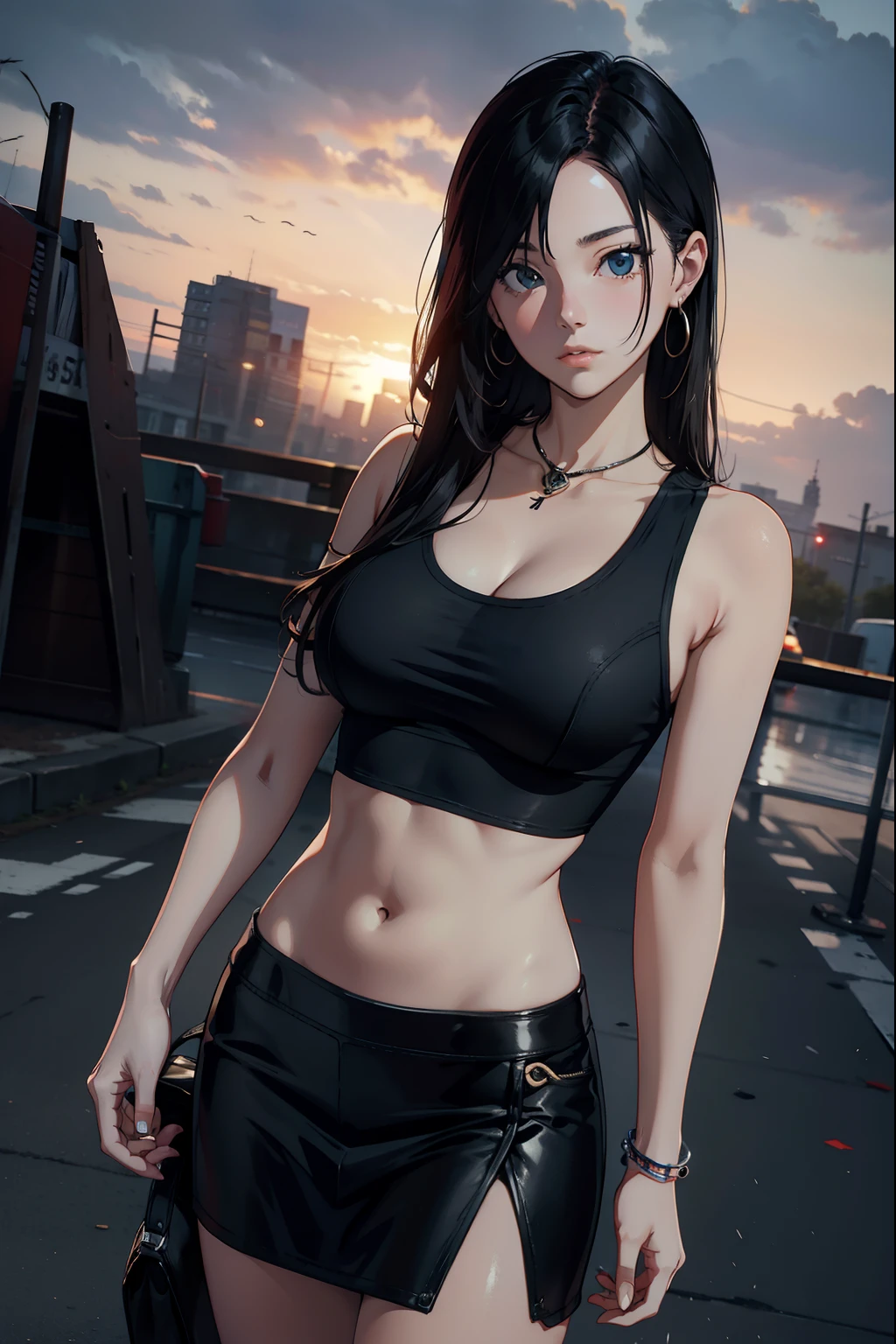 masterpiece, best quality, shadows, perfect hands, perfect legs, perfect anatomy, pretty face, mature features, 1 girl, 21 years old, MILF, mature woman, tight crop top, sexy leather skirt, city night background, black long hair, thighs, ass, breast, seductive, spicy, posing, cinematography lights,