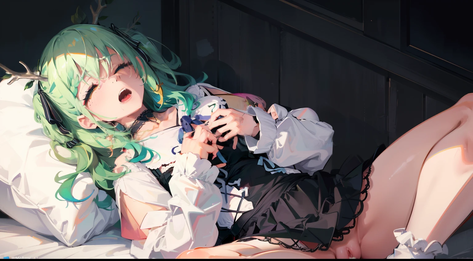nsfw, open clothes, nude, female masturbation, pussy, spread pussy, Hairless Pussy, breast, medium breast, best quality, perfect anatomy, dynamic lighting, 1girl, character focus, close to viewer, from below, embarrassed, closed eyes, open mouth, orgasm, hmcf, long hair, antlers, branch, two side up, hair ribbon, braid, yellow eyes,  jewelry, black choker, frills, white shirt, long sleeves, suspender skirt, black skirt, white socks