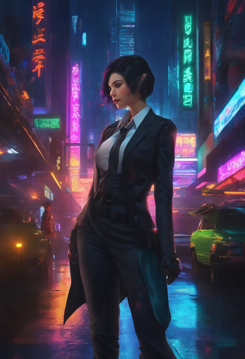 1 woman,broody,Black Suit,Black hair,Beautiful face,Green eyes,  Short hair,{{masutepiece}}, {{{Best Quality}}}, {{ultra-detailliert}}, Cinematic lighting,Beautiful detailed ,light_leaks,amazing,finely detail,Original, {{Sharp eyes}} ,  White shirt , black necktie,  Chinatown,Cityscape, Night, {{neon light}}, Black Suit,{{Kanban board}},bladerunner, Beer cans, Drinking, Cyberpunk,