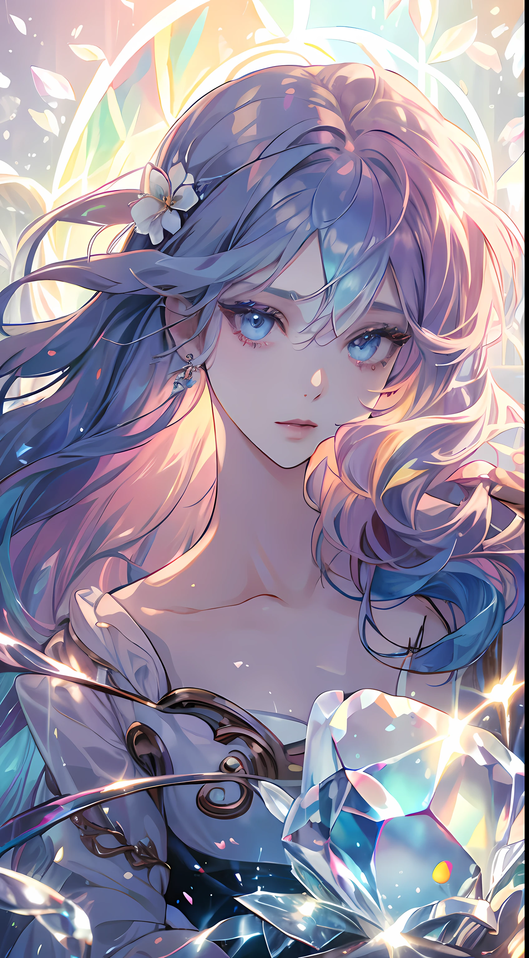 (Woman with iridescent hair),(rainbow hair), (Colorful hair),Medium chest,(colourful hair), Colorful, (krystal),shiny, Soft light, Radiant hair, Stunning iridescent hair and seductive eyes,A detailed face,A detailed eye,The style of watercolor painting is、Infuse your artwork with dreamy quality, Dancing with a mixture of colors, 
The girl's hair boasts a rainbow spectrum, Each hue seamlessly flows into the next,Detailed face, Detailed eyes, Simple white dress, crystal flower, Around the flower, Glass of flowers
