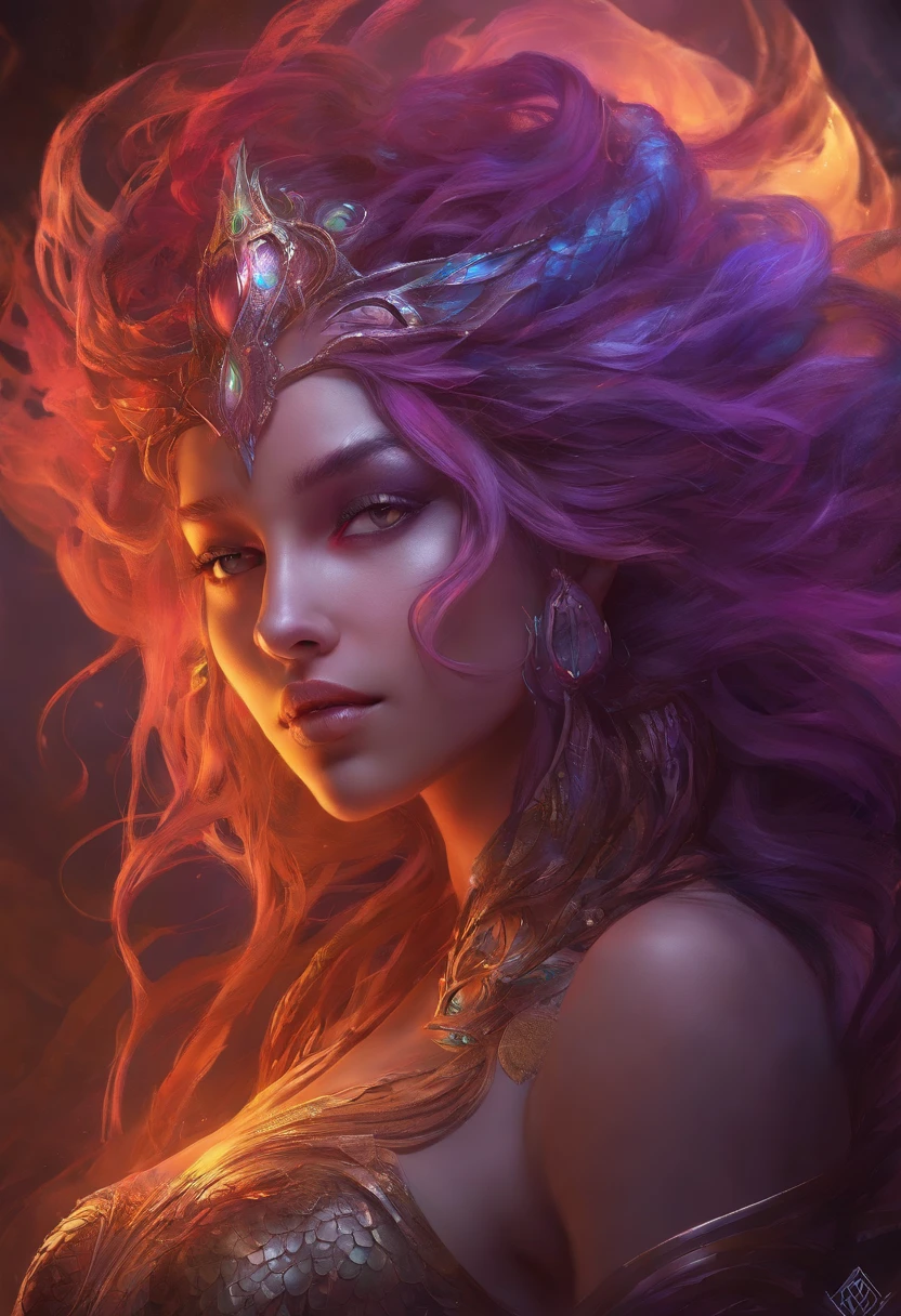 Portrait, Concept art, Character design, Highly detailed, High Quality, Color diffusion, close-up shot, Demonic Creature, Interdimensional creature, female creature, dark purple Human skin, tentacle hair, dreadlocks, Purple eyes, Sexy Villainess, Seductive monster, Lust creature, Sexy attire, Fantasy clothing, Sci-Fi Themed