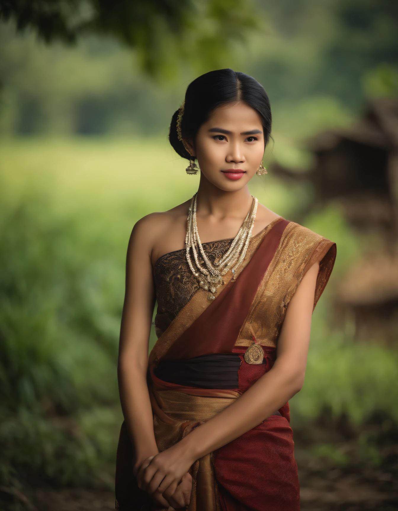 20-year-old woman, farmer, The face is as beautiful as a goddess., thailand, Traditional Thai folk costumes, Smooth white skin