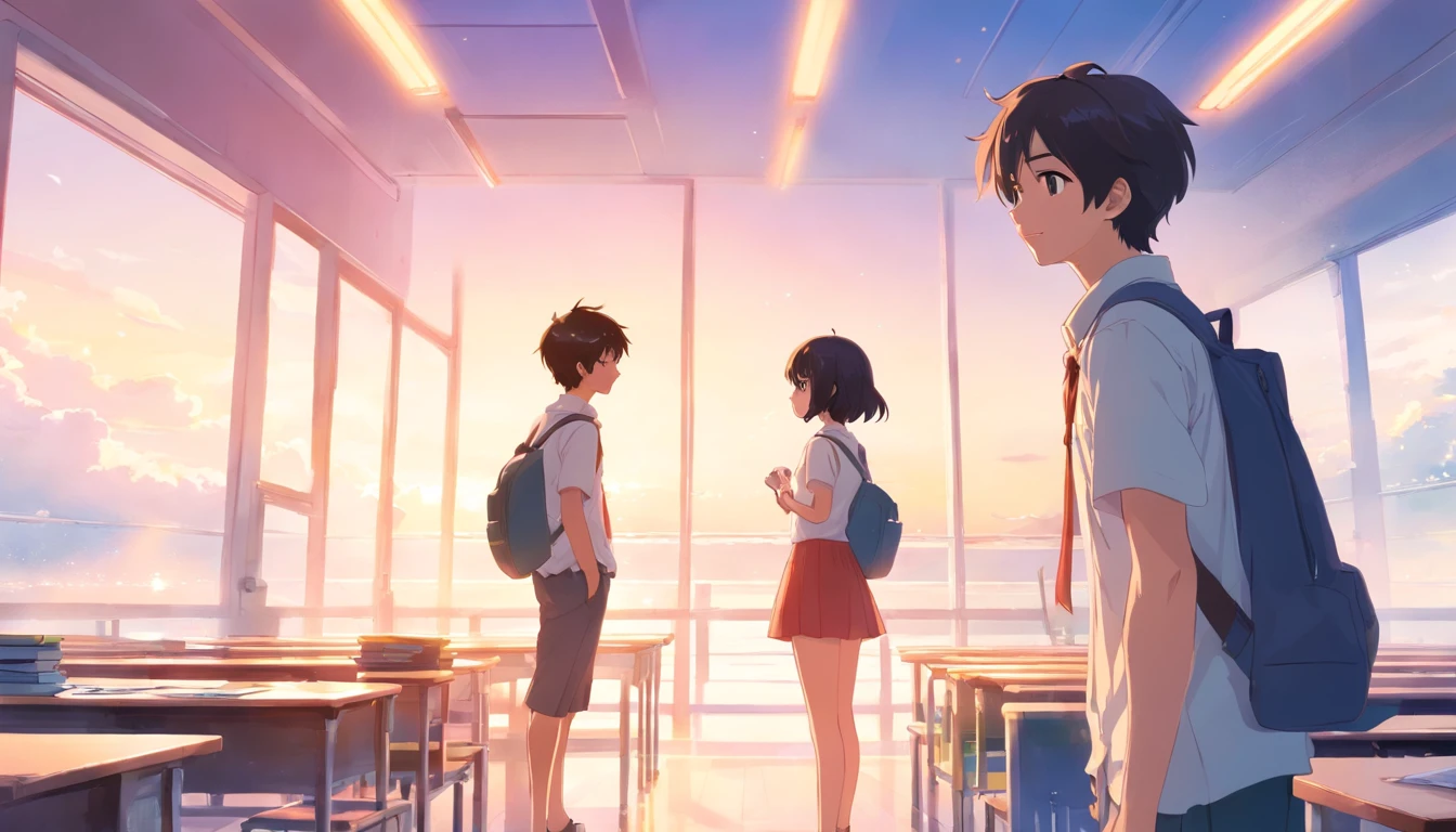 top-quality、tmasterpiece、Soft focus , Bright gradient watercolor , Dreamy , White background、one Girl and one boy、school, classroom