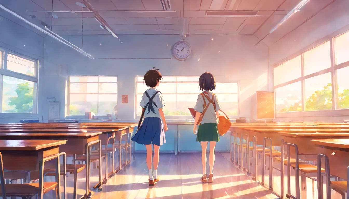 top-quality、tmasterpiece、Soft focus , Bright gradient watercolor , Dreamy , White background、one Girl and one boy、school, classroom