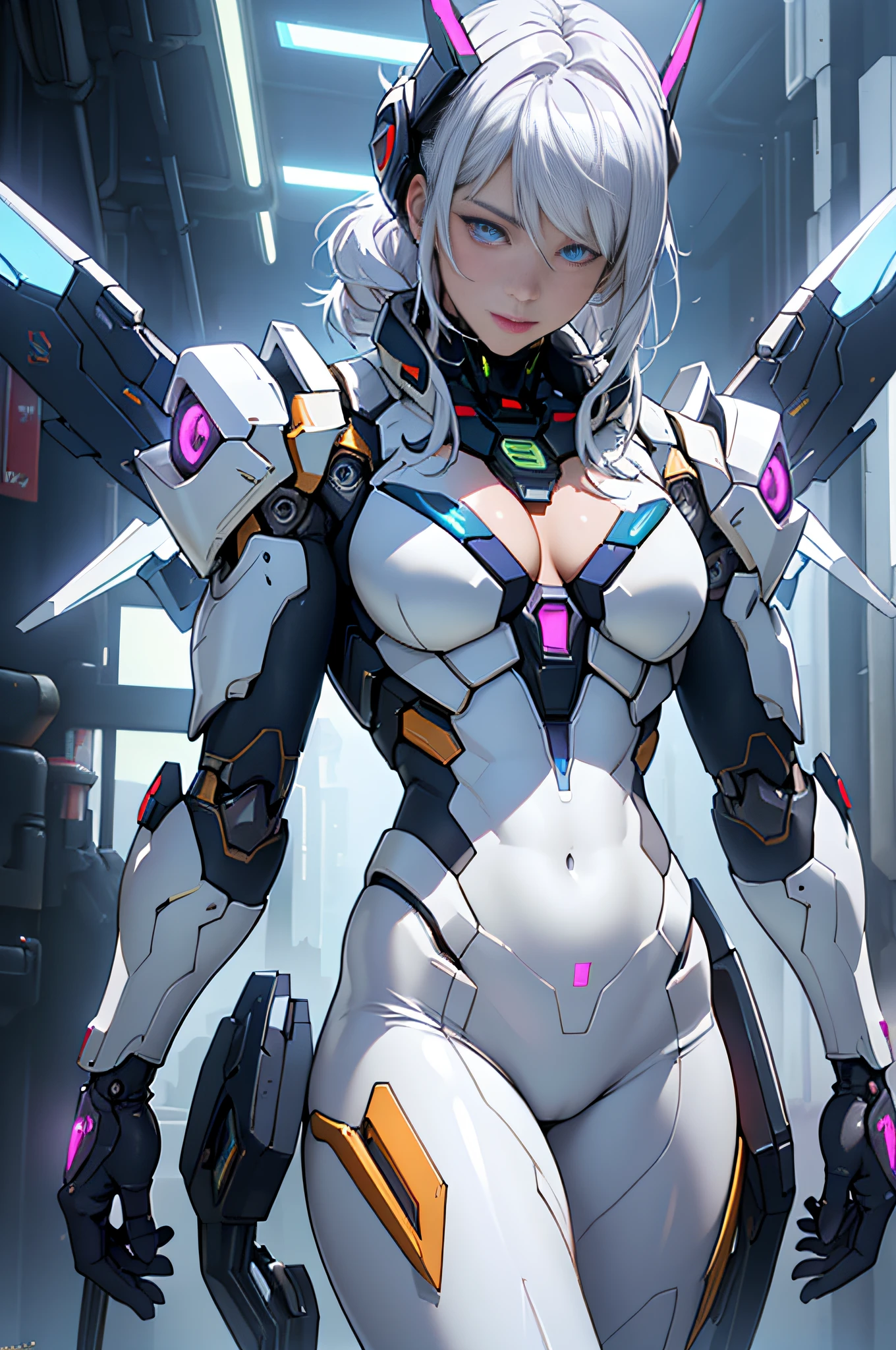 top-quality、​masterpiece、超A high resolution、(Photorealsitic:1.4)、Raw photo、Battle Cyborg Angel、large wings made of metal、White porcelain body、Acrylic Clear Cover、white  hair、glowy skin、1 Cyborg Girl、((super realistic details))、portlate、globalillumination、Shadow、octan render、8K、ultrasharp、character edge light,Colossal tits、Raw skin is exposed in cleavage、Details of complex ornaments、Double Zeta Gundam Details、Hydraulic cylinder、Small LED lamp、highly intricate detail、Realistic light、a purple eye、radiant eyes、Facing the camera、neon details、cowboy  shot、Futuristic headgear、About Cyberpunk、、
