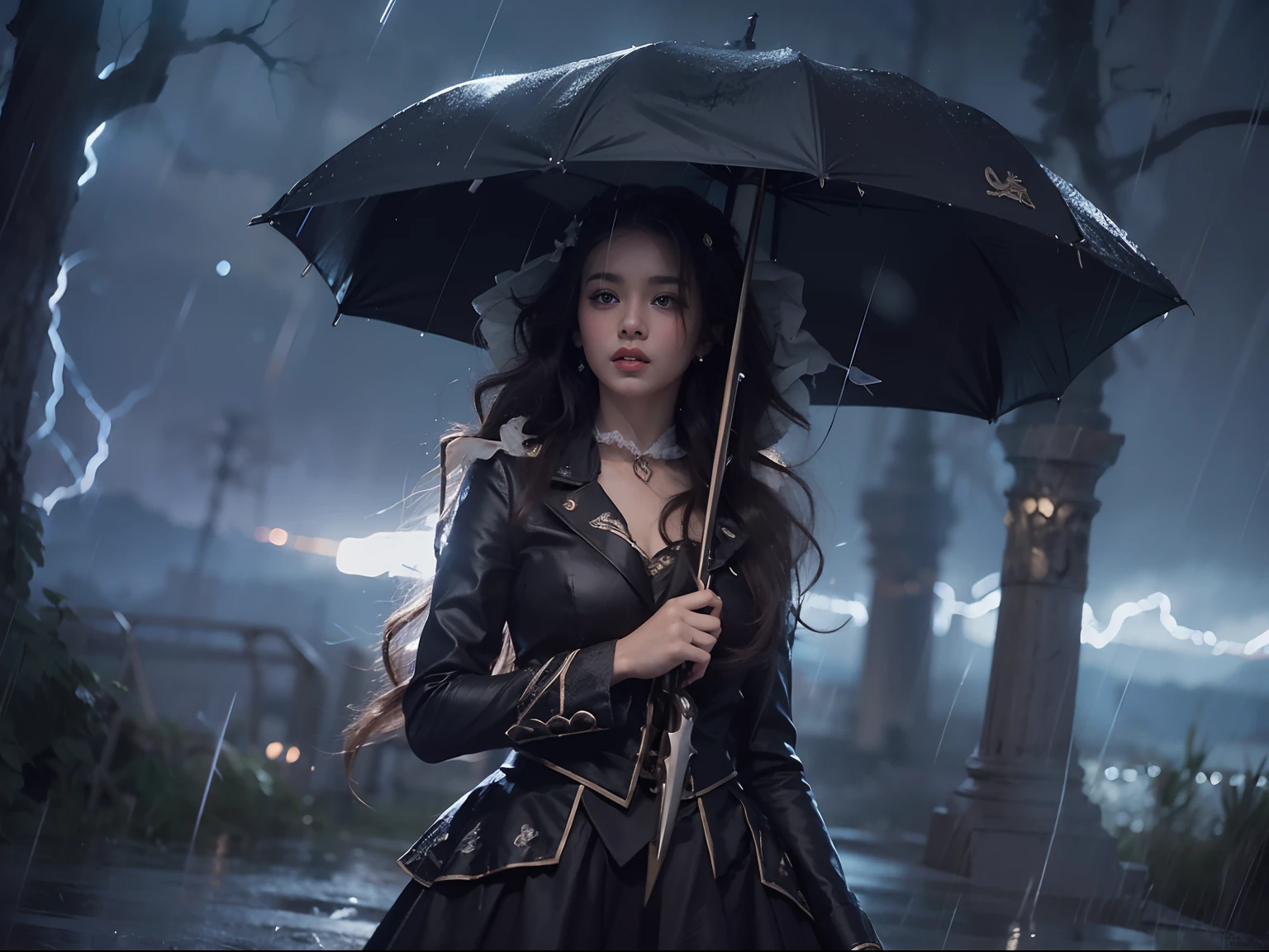 No campo de batalha da tempestade, Uma mulher vestida com um traje de ta empunha uma arma infundida com o poder do elemento de fogo.( Rain and lightning danced around him), Echoing the strength of his determination,Because it embodies the power of the forces of nature in battle.arte oficial, Papel de parede 8k, ultra detalhado, Beautiful and Aesthetic, Beautiful, master part, best quality,(Foco nas coxas para cima),rosto claro,olhos detalhados,(vento,Flowing strands of hair,Fluttering skirt),