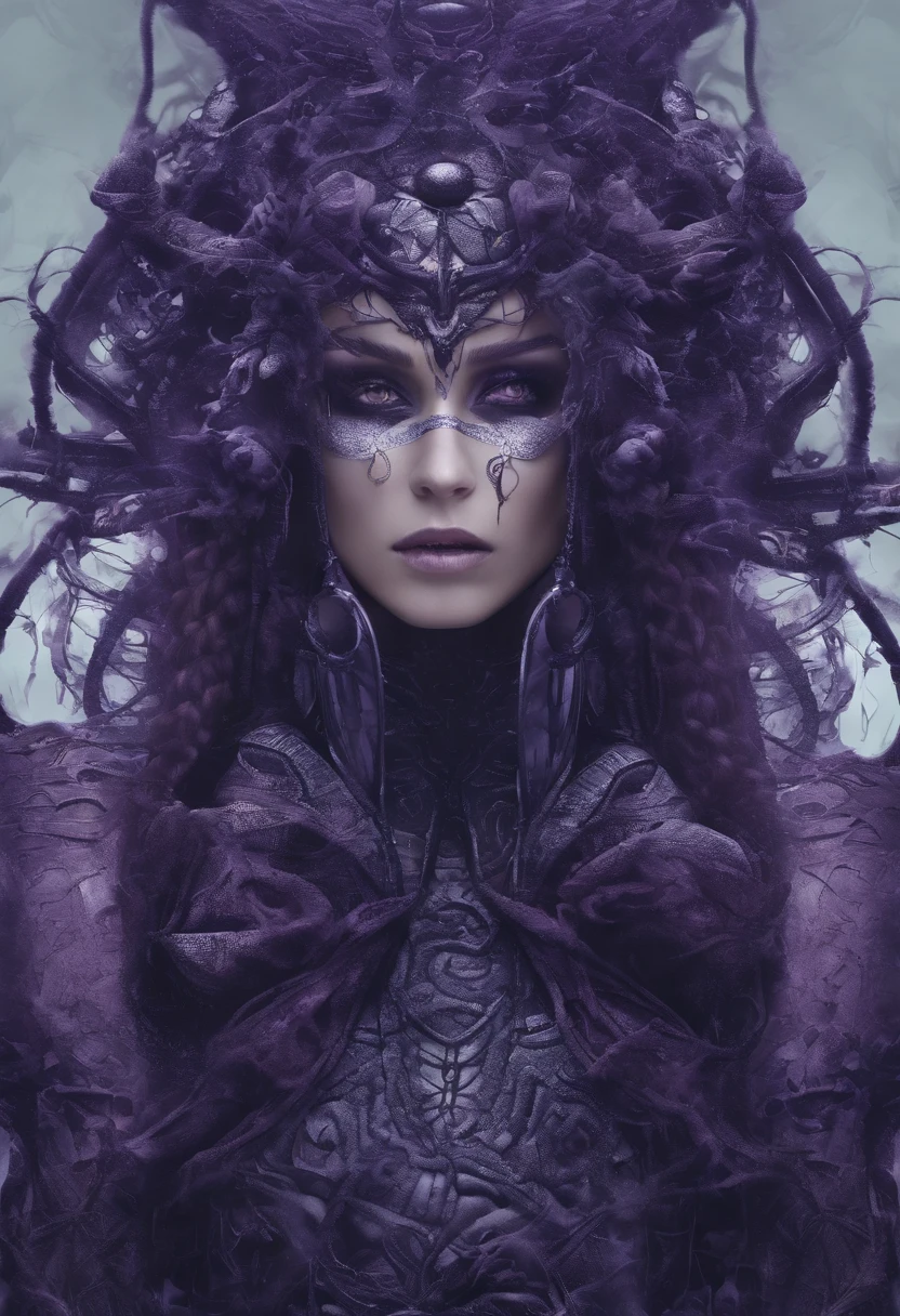 retrato, arte conceitual, design de personagens, altamente detalhado, alta qualidade, color diffusion, Foto em close-up, demonic creature, criatura interdimensional, criatura feminina, roxo escuro Pele humana, tentacle hair, dreadlocks, Purple eyes, Vilania Sexy, Monstro sedutor, Criatura luxuriosa, sexy atrai, roupas de fantasia, Sci-Fi themed