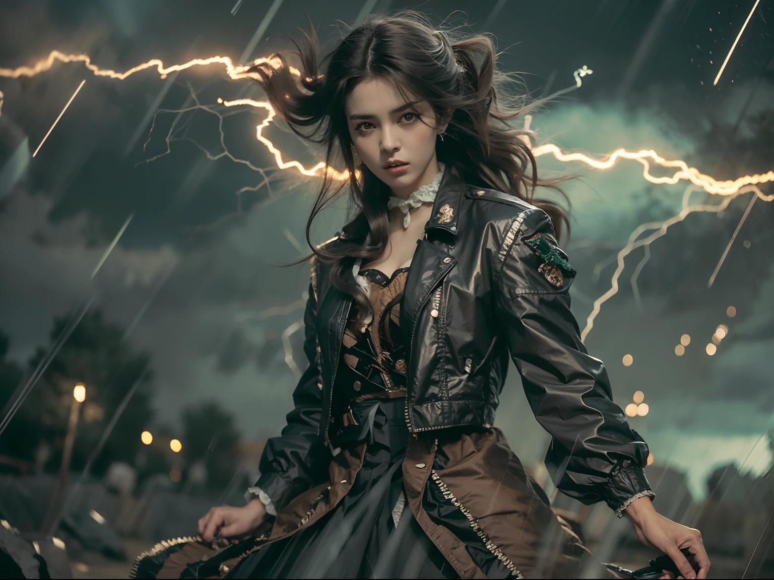 No campo de batalha da tempestade, Uma mulher vestida com um traje de ta empunha uma arma infundida com o poder do elemento de fogo.( Rain and lightning danced around him), Echoing the strength of his determination，Because it embodies the power of the forces of nature in battle.arte oficial, Papel de parede 8k, ultra detalhado, Beautiful and Aesthetic, Beautiful, master part, best quality，(Foco nas coxas para cima)，rosto claro，olhos detalhados，(vento，Flowing strands of hair，Fluttering skirt)，