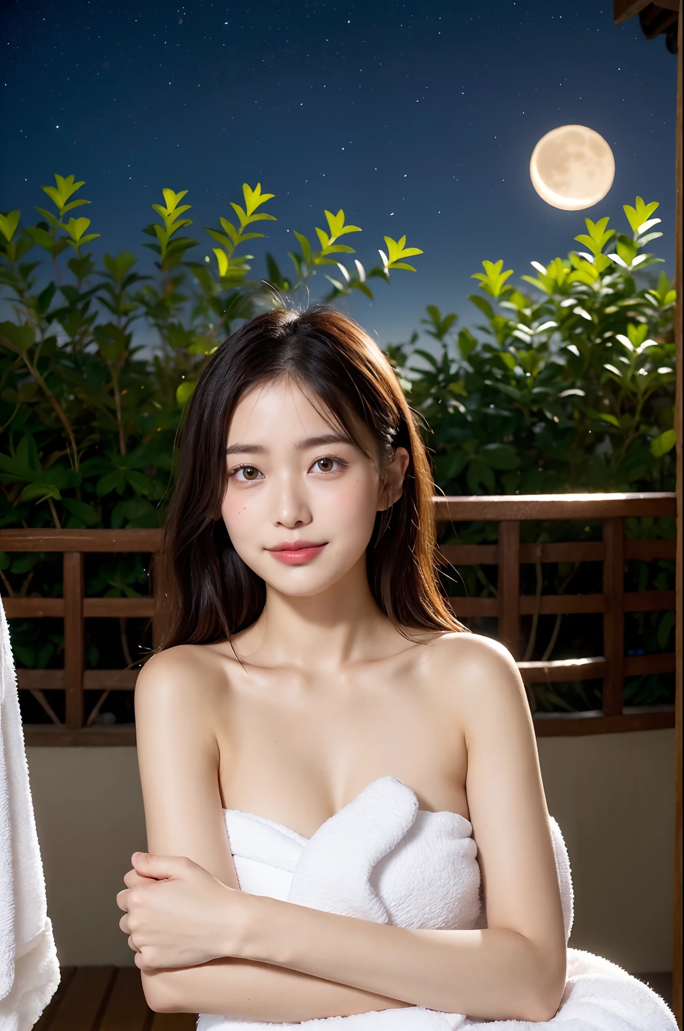 (natta:1.7), East Asian Architecture, 1womanl,Sitting on tatami mats, brunette color hair，（hair between eye）, Lip flap,  (:1.3),Beautiful shiny straight bob,Beautiful fingers,Beautiful long legs,Beauty Body，Cute nose，Beautiful character design，perfect  eyes，face perfect，looking at viewert，（Innocent_Big_Eyes：1.0），（light_Smile：0.3），offcial art，Very detailed CG Unity 8K wallpaper、Bright_front_Face_Lighting，（tmasterpiece:1.0),(best_quality:1.0), 超A high resolution,4K,ultra - detailed, photography of, 8K, nffsw, hight resolution, absurderes:1.2, Kodak Portra 400, film grains,  Lens Flare Glow,  (Beautiful_Face:1.5),8K,Raw photo, 、Relax at a hot spring ryokan in Japan、(The subject is the first hot spring trip with a girl:1.3) (Draw an open-air bath more widely:1.2) (Girls are not subjects:1.3) The rooms in the inn are cluttered　(Girl Standing On Balcony:1.3) (Hair after a bath:1.3),((Naked with a bath towel wrapped around the side:1.3)) ,(Hair is wet:1.3),((Beautifully depicts depth and width:1.3)),((The open-air bath is surrounded by Japan garden and large rocks, With just two small lights.:1.3)),((You can see the beautiful starry sky and the beautiful moon:1.3))(Wrap a bath towel in the open-air bath:1.2)(Girls are not subjects:1.3)